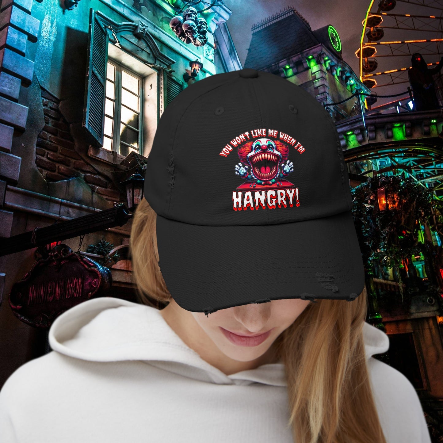 You Wont Like Me When I'm Hangry Killer Clown Unisex Distressed Cap Horror Hat