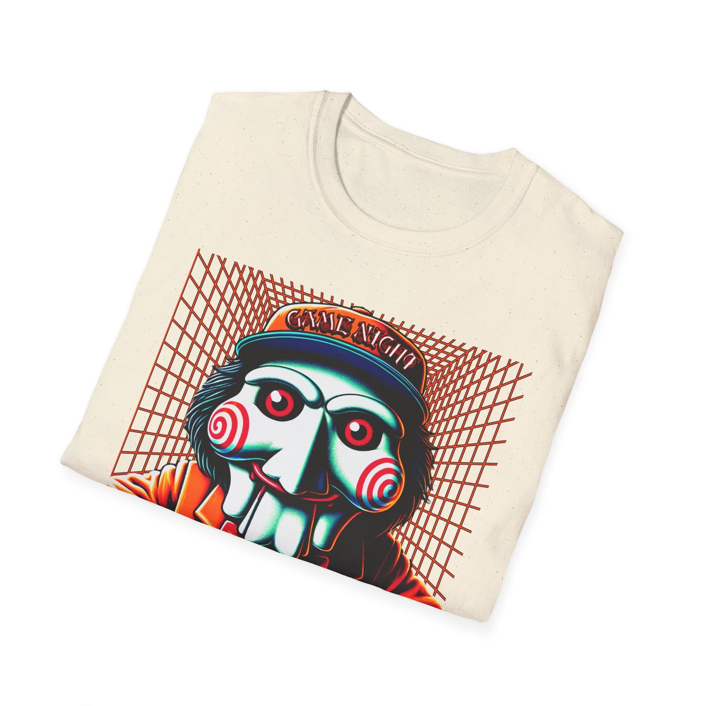 Game Night Billy Wearing A Hat The Puppet Playing a Game Horror Fun Unisex Softstyle T-Shirt Gamer Shirt