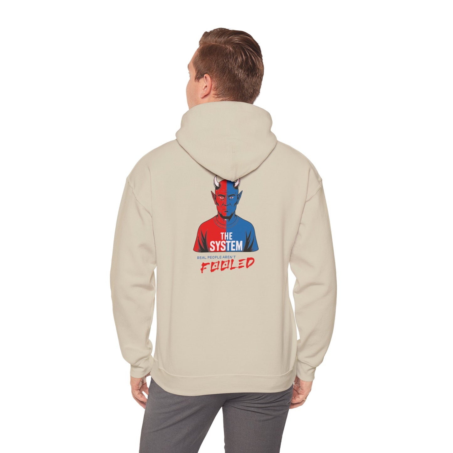 Hooded Sweatshirt - The System - Real People Arent Fooled Red Blue Design