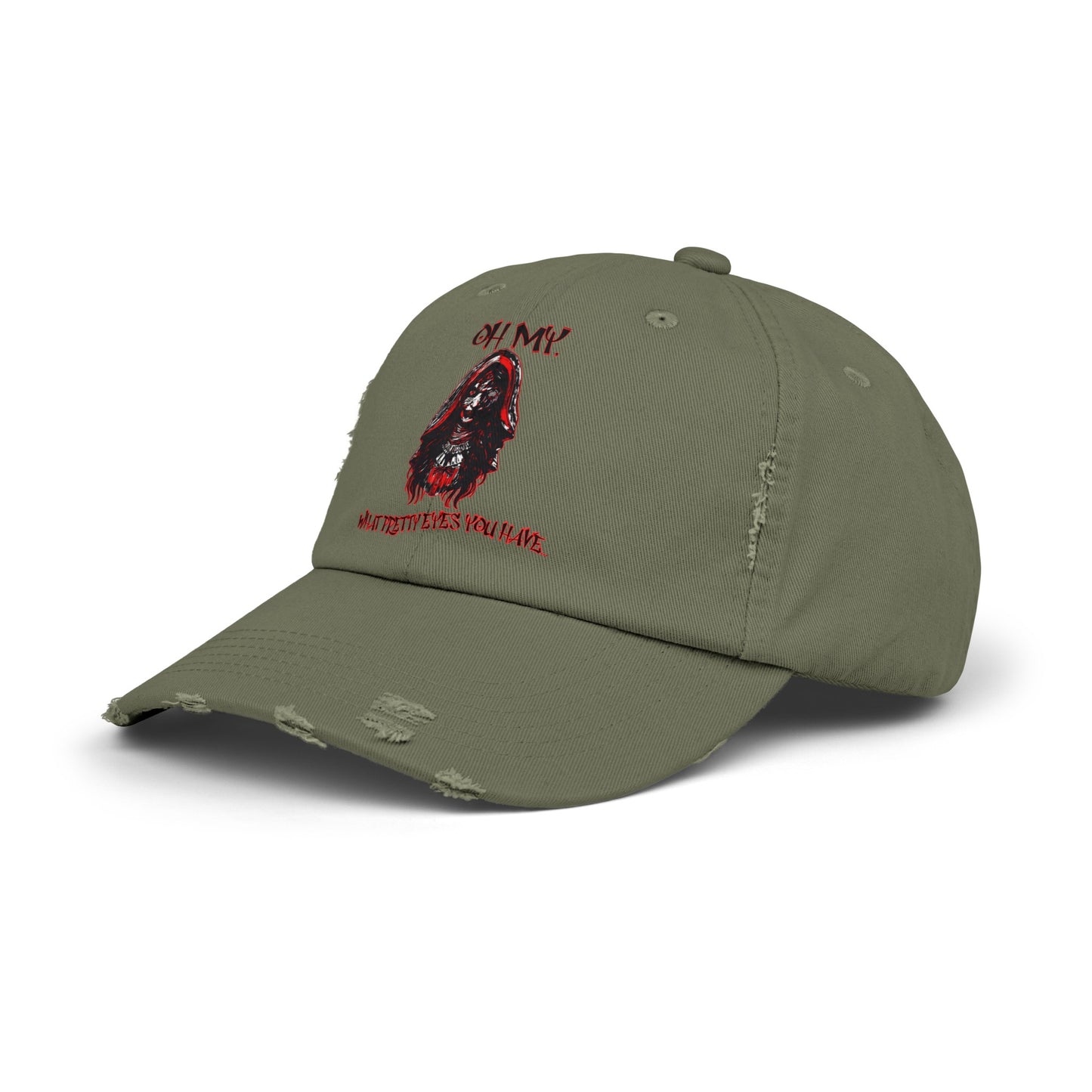 Creepy Little Red Riding Hood Inspired Scary Witch Oh My, What Pretty Eyes You Have Horror Hat Unisex Distressed Cap