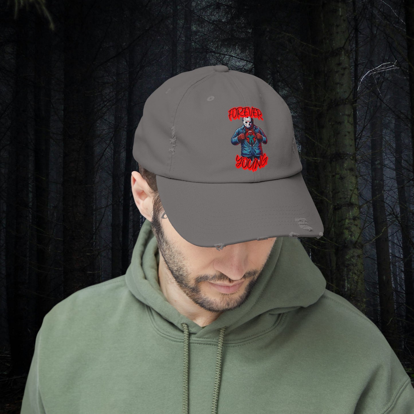 Forever Young Jason With The Mask On Voorhees Friday Horror Fun Unisex Distressed Cap Baseball Hat