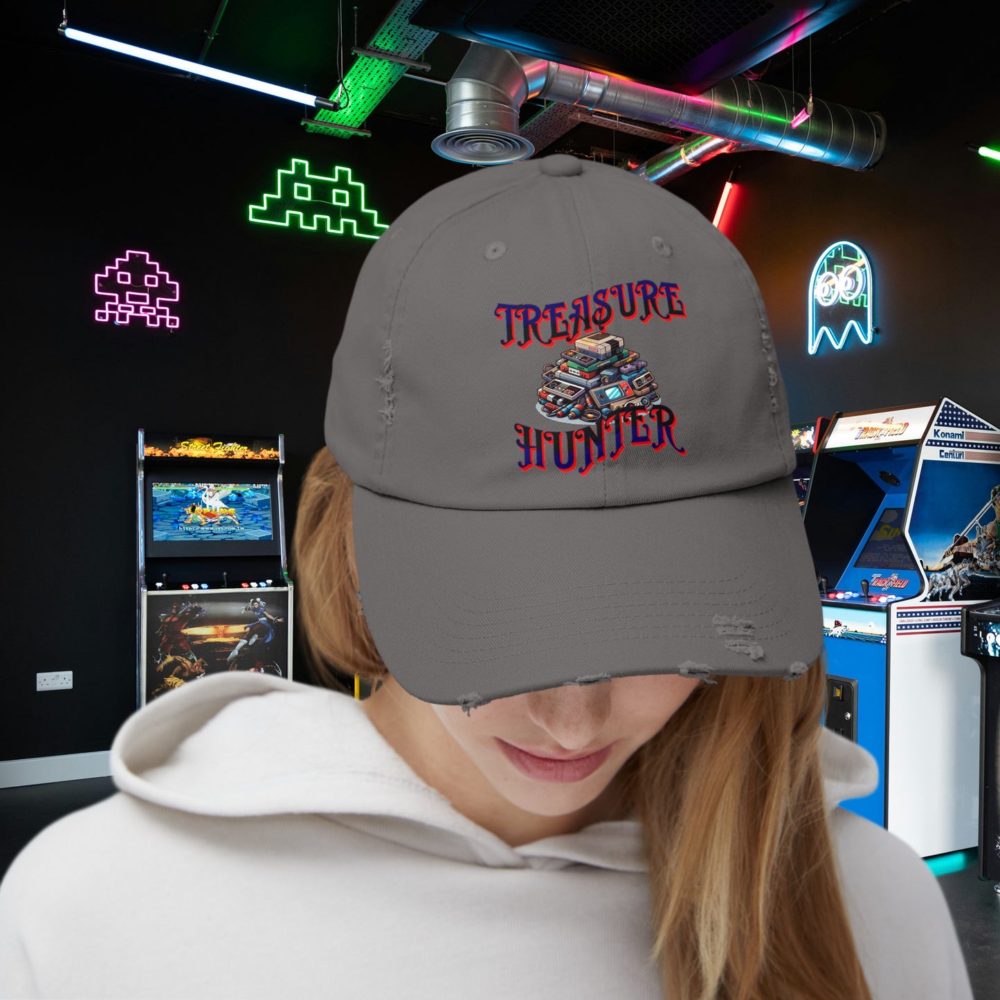 Treasure Hunter Retro Gamer Unisex Distressed Cap Vintage Video Game Collector Hat