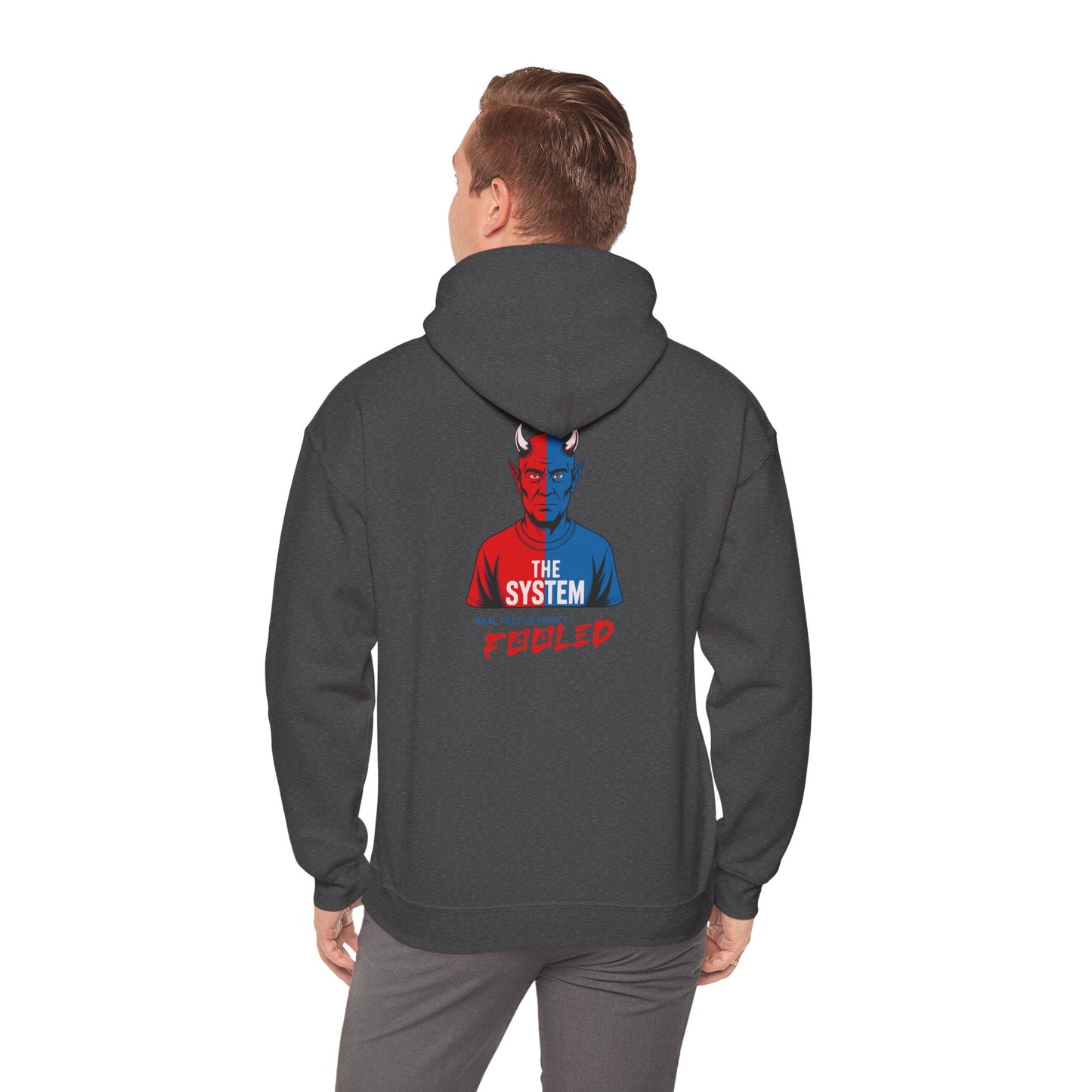 Hooded Sweatshirt - The System - Real People Arent Fooled Red Blue Design