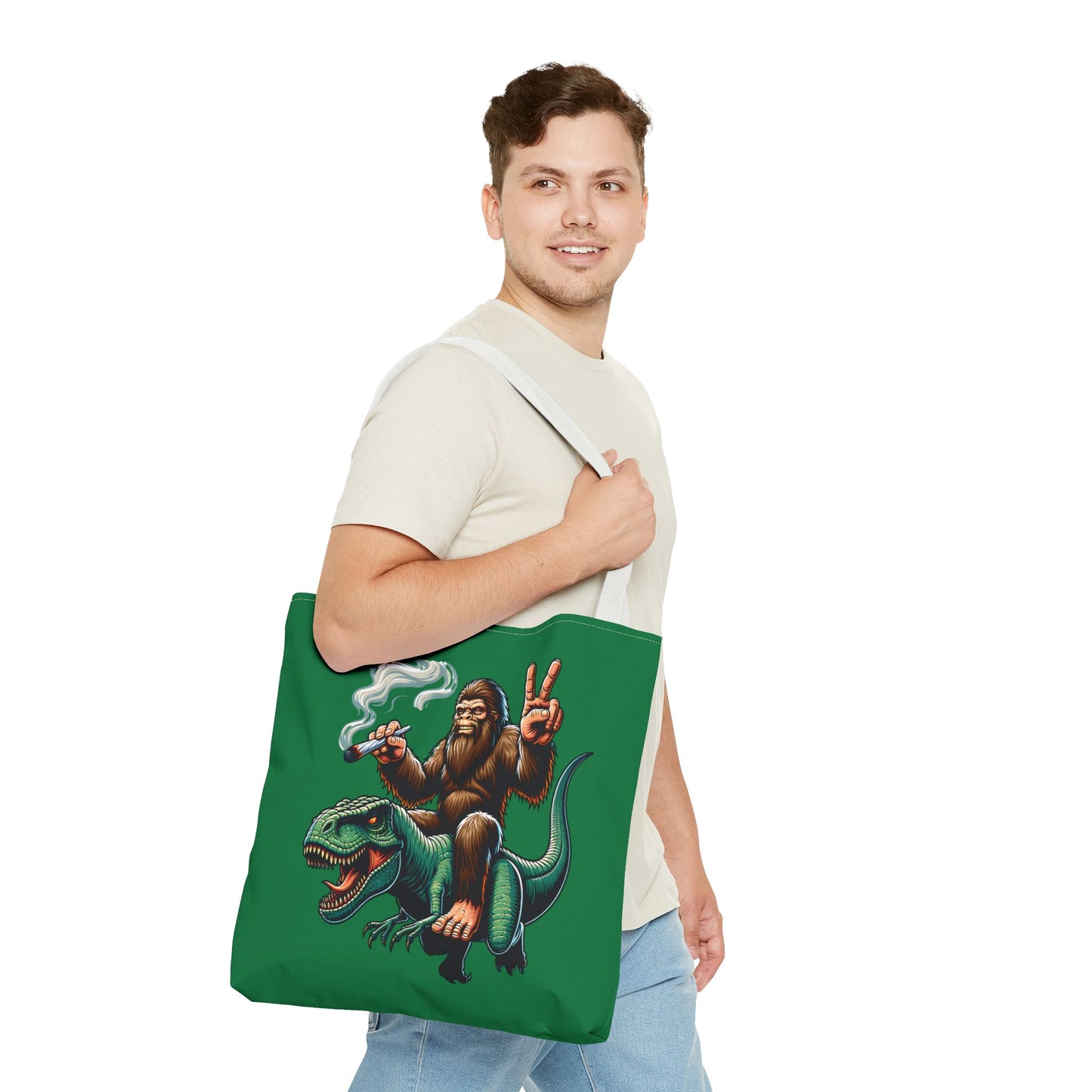 Tote Bag - Bigfoot Riding a T Rex Peace Sign 420 Design