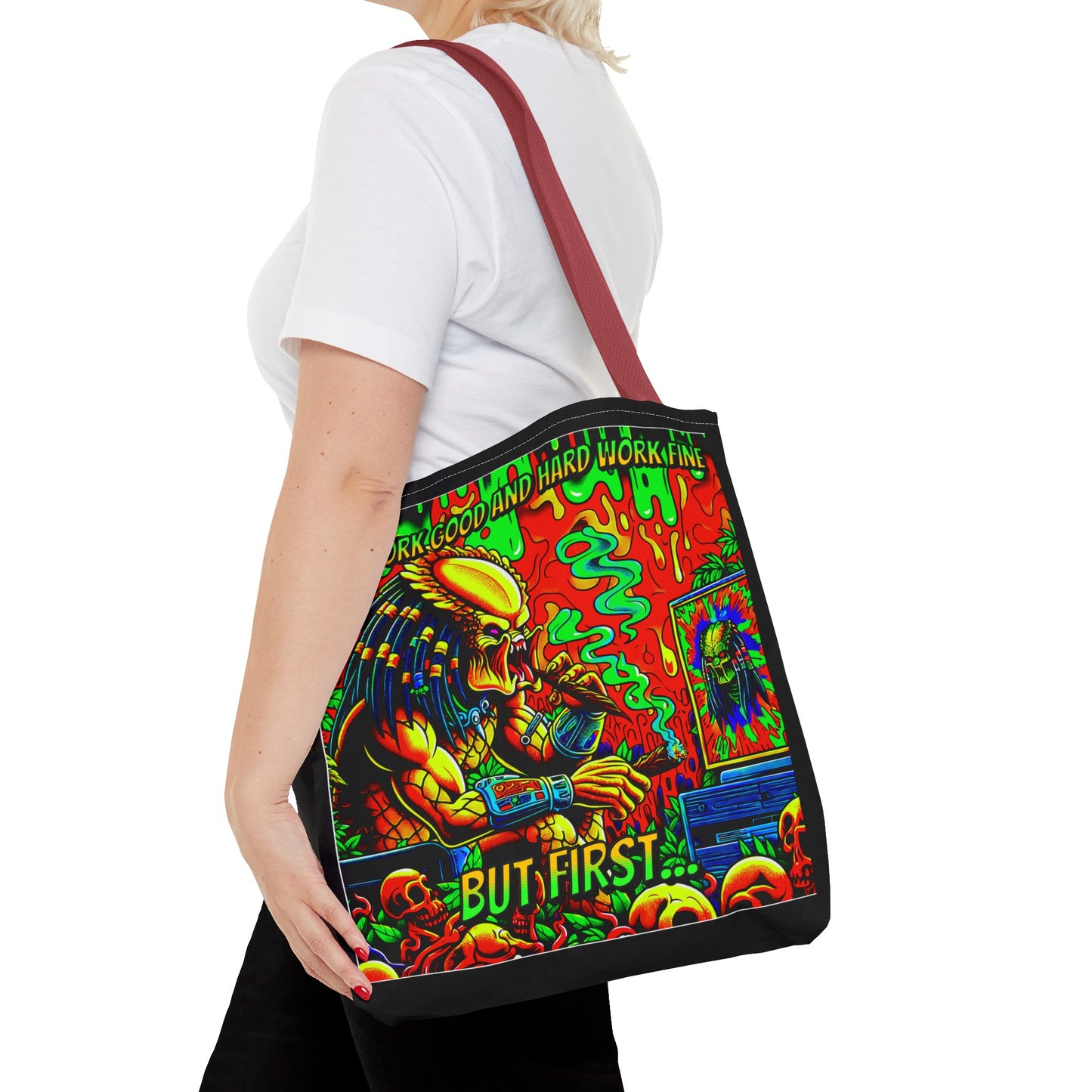 Horradelic Hard Work Good Hard Work Fine Predator Blunt Smoking Horror Fun Travel Carry Tote Bag (AOP)