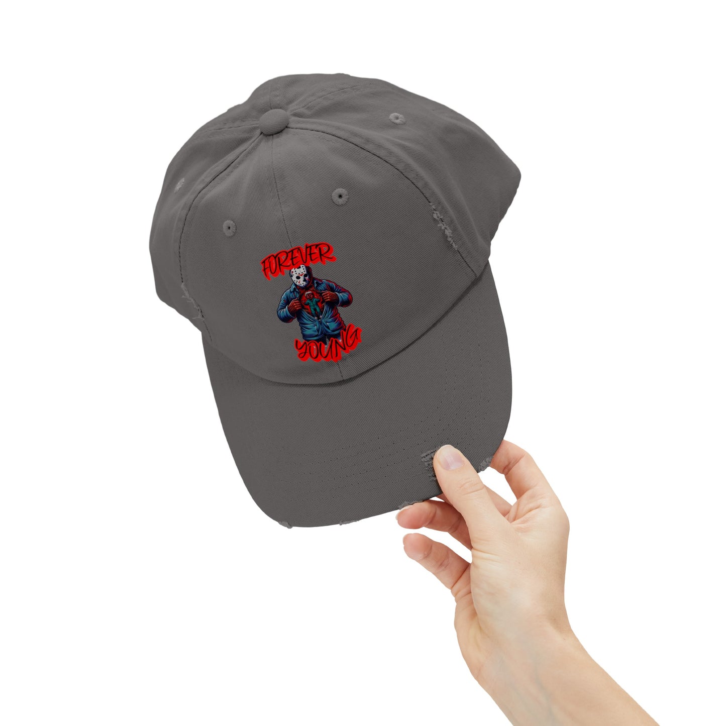 Forever Young Jason With The Mask On Voorhees Friday Horror Fun Unisex Distressed Cap Baseball Hat