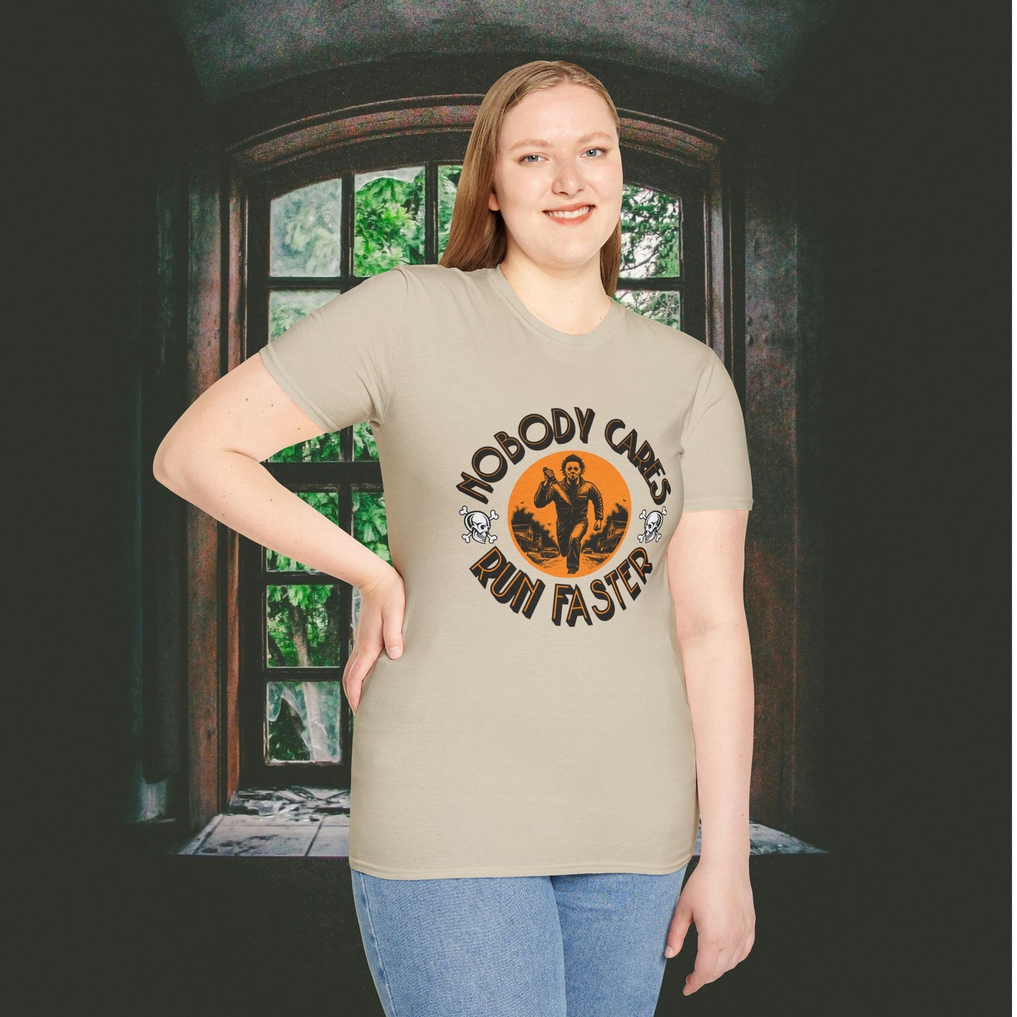 Nobody Cares Run Faster - Michael Running Myers on Halloween Horror Fun with Skulls Shirt - Unisex Softstyle T-Shirt