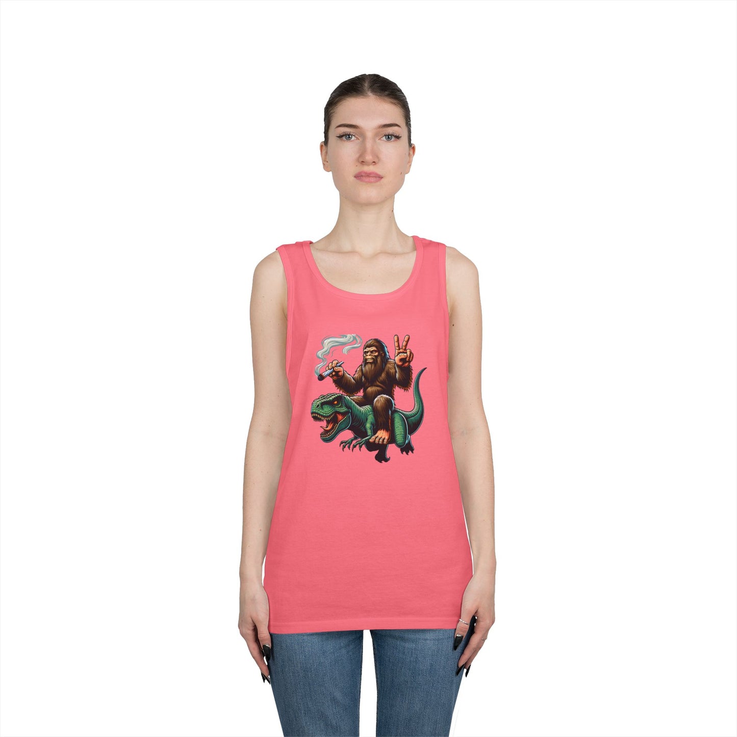 Bigfoot Riding T Rex Tank Top - 420 Peace Sign Design