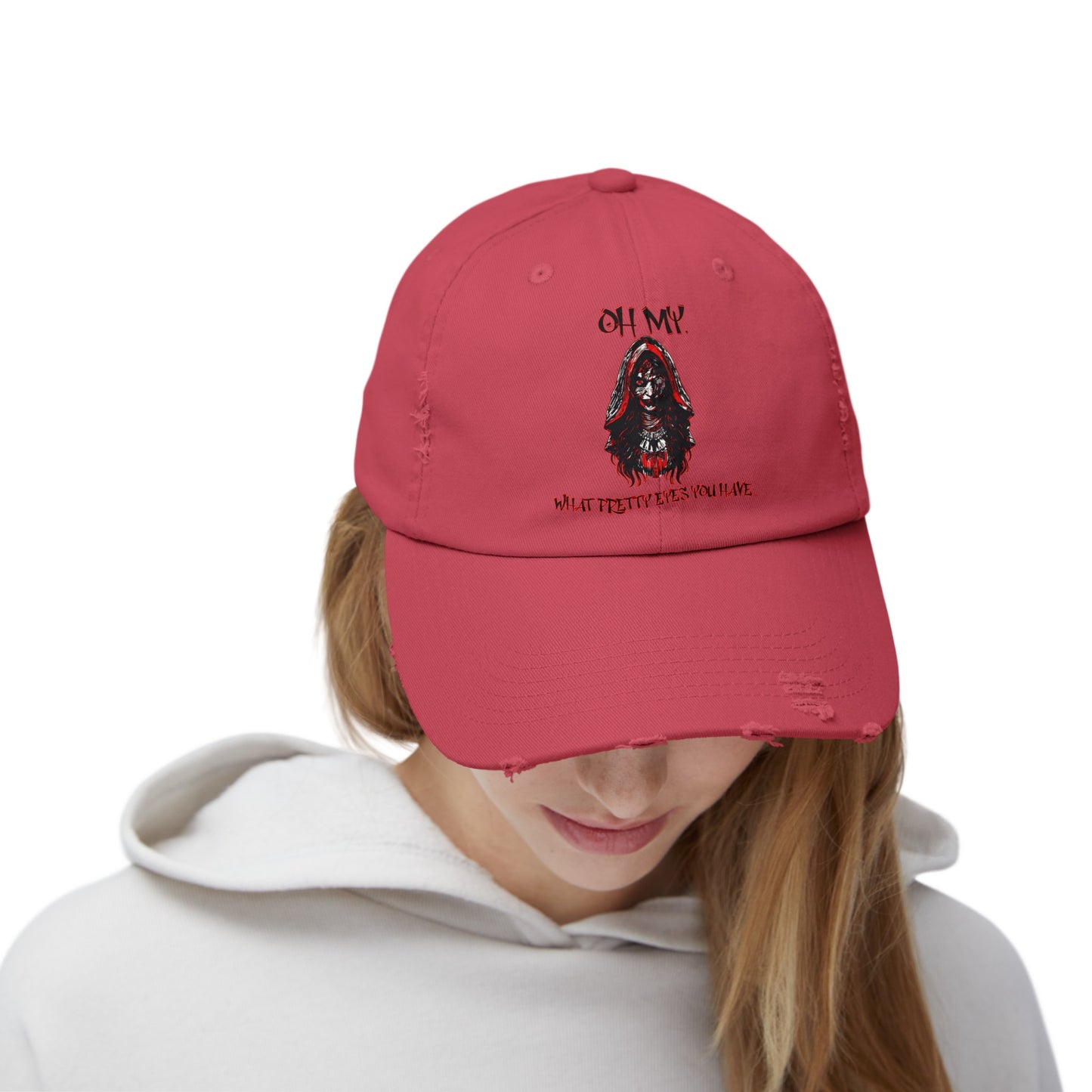 Creepy Little Red Riding Hood Inspired Scary Witch Oh My, What Pretty Eyes You Have Horror Hat Unisex Distressed Cap