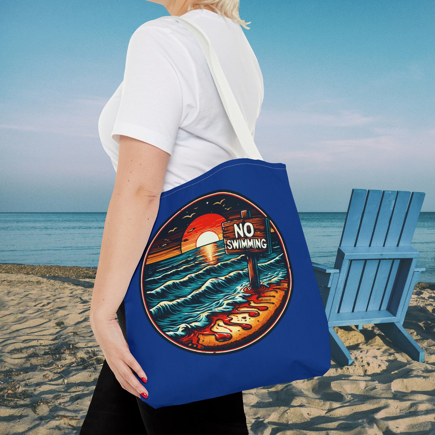 No Swimming Bloody Beach Tote Bag (AOP) Horror Fun Travel Swimming Vacation
