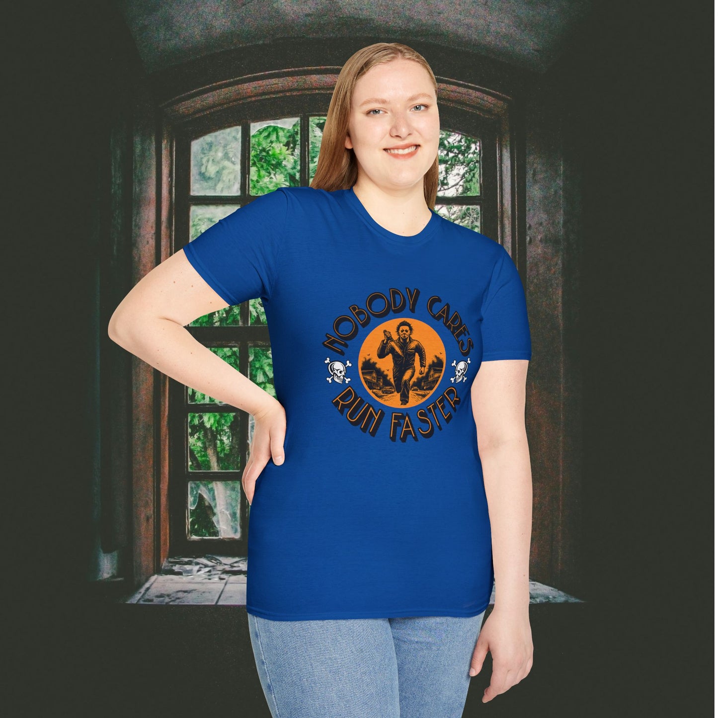 Nobody Cares Run Faster - Michael Running Myers on Halloween Horror Fun with Skulls Shirt - Unisex Softstyle T-Shirt
