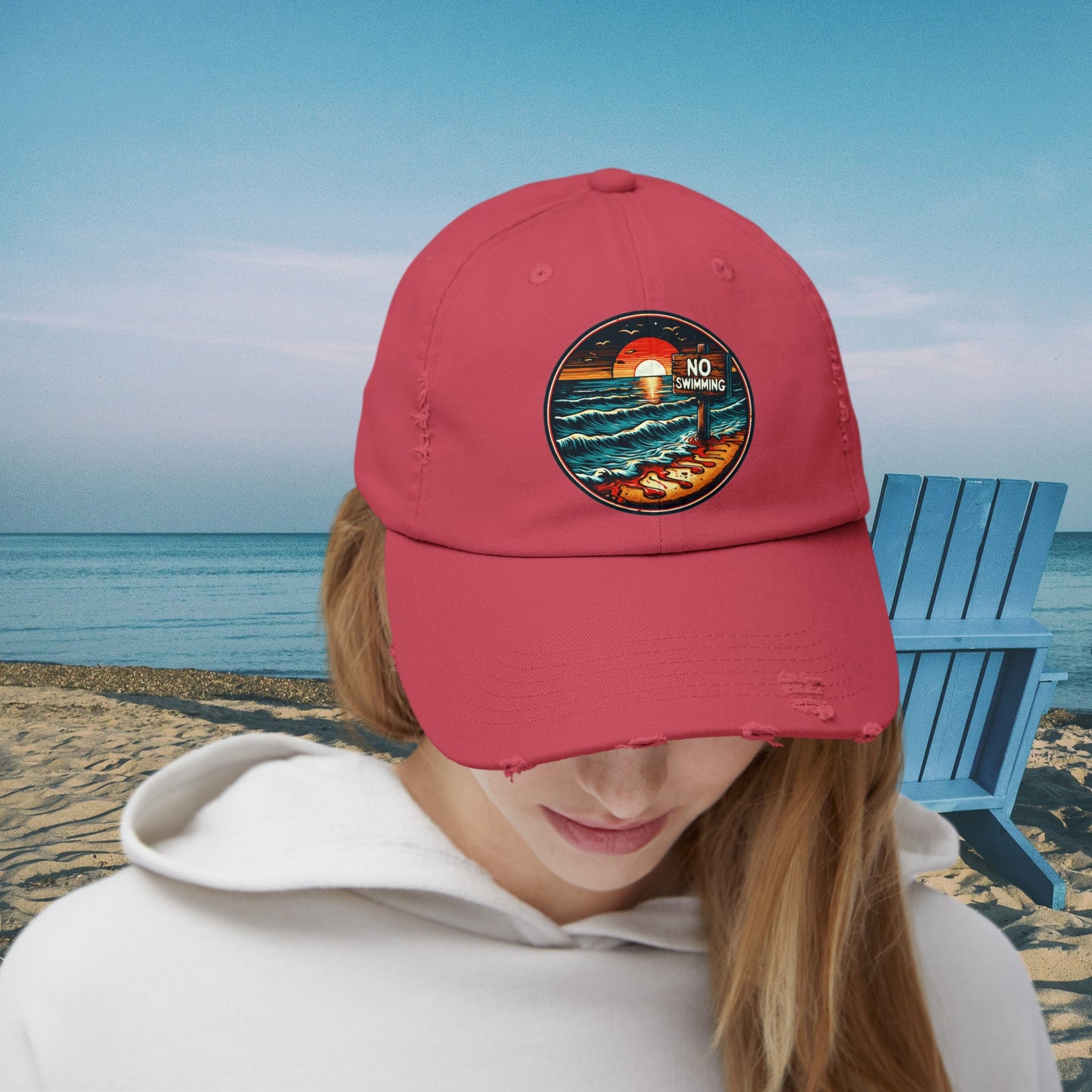 No Swimming Bloody Beach Unisex Distressed Cap Horror Fun Hat Dark Humor
