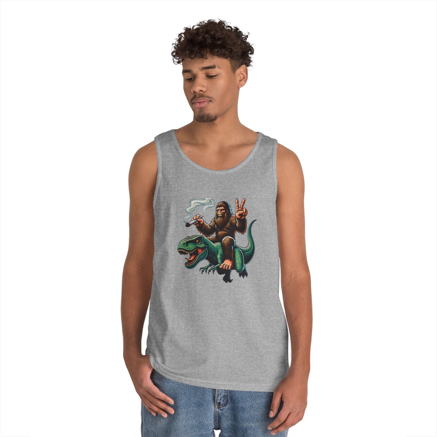 Bigfoot Riding T Rex Tank Top - 420 Peace Sign Design