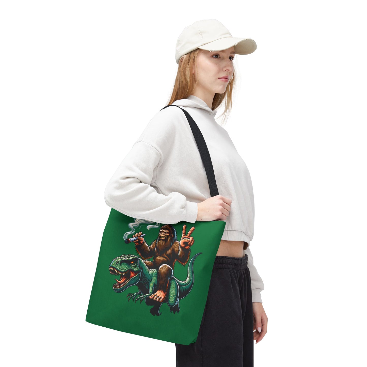 Tote Bag - Bigfoot Riding a T Rex Peace Sign 420 Design