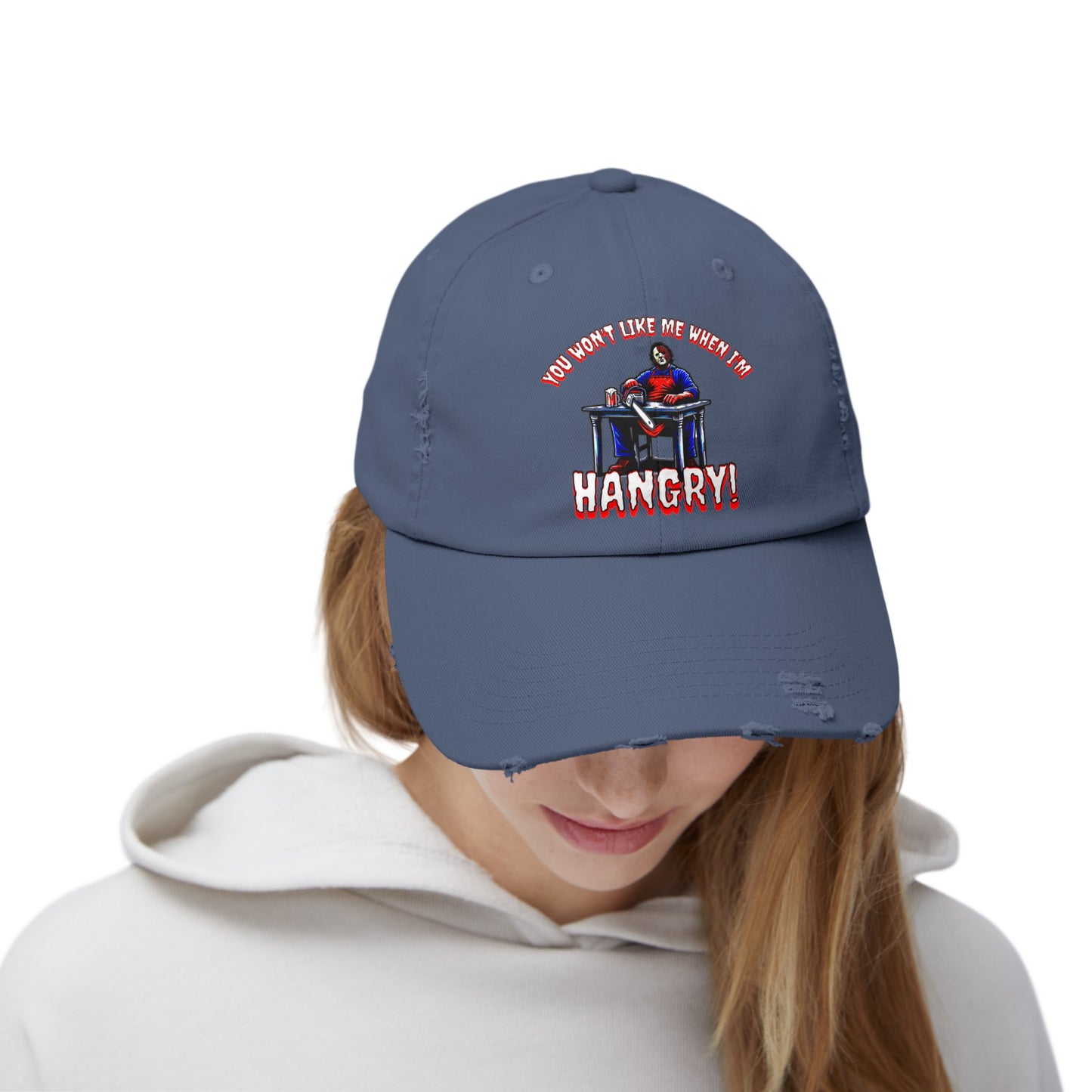 You Won't Like Me When I'm Hangry Leather Chainsaw Guy Cannibal Horror Fun Hat Unisex Distressed Cap