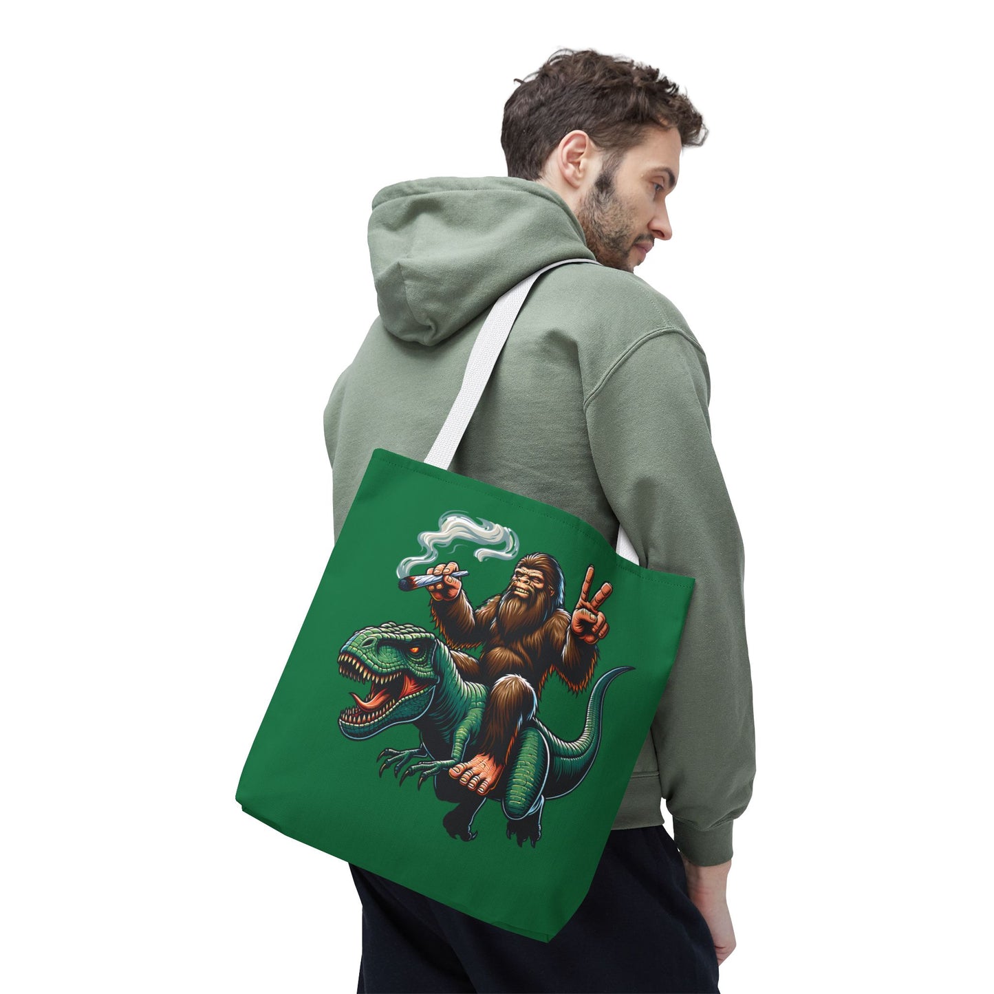 Tote Bag - Bigfoot Riding a T Rex Peace Sign 420 Design