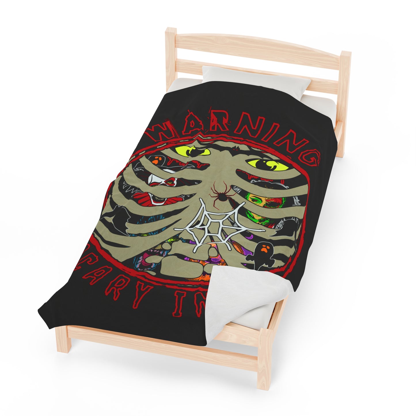 Warning, Scary Inside Velveteen Plush Blanket Horror Fun Halloween Decor