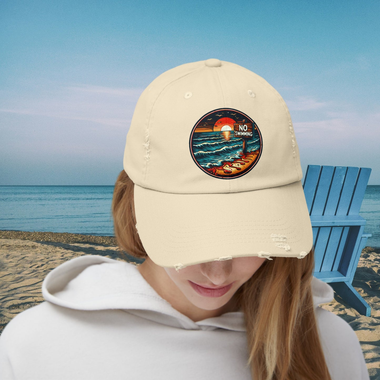 No Swimming Bloody Beach Unisex Distressed Cap Horror Fun Hat Dark Humor