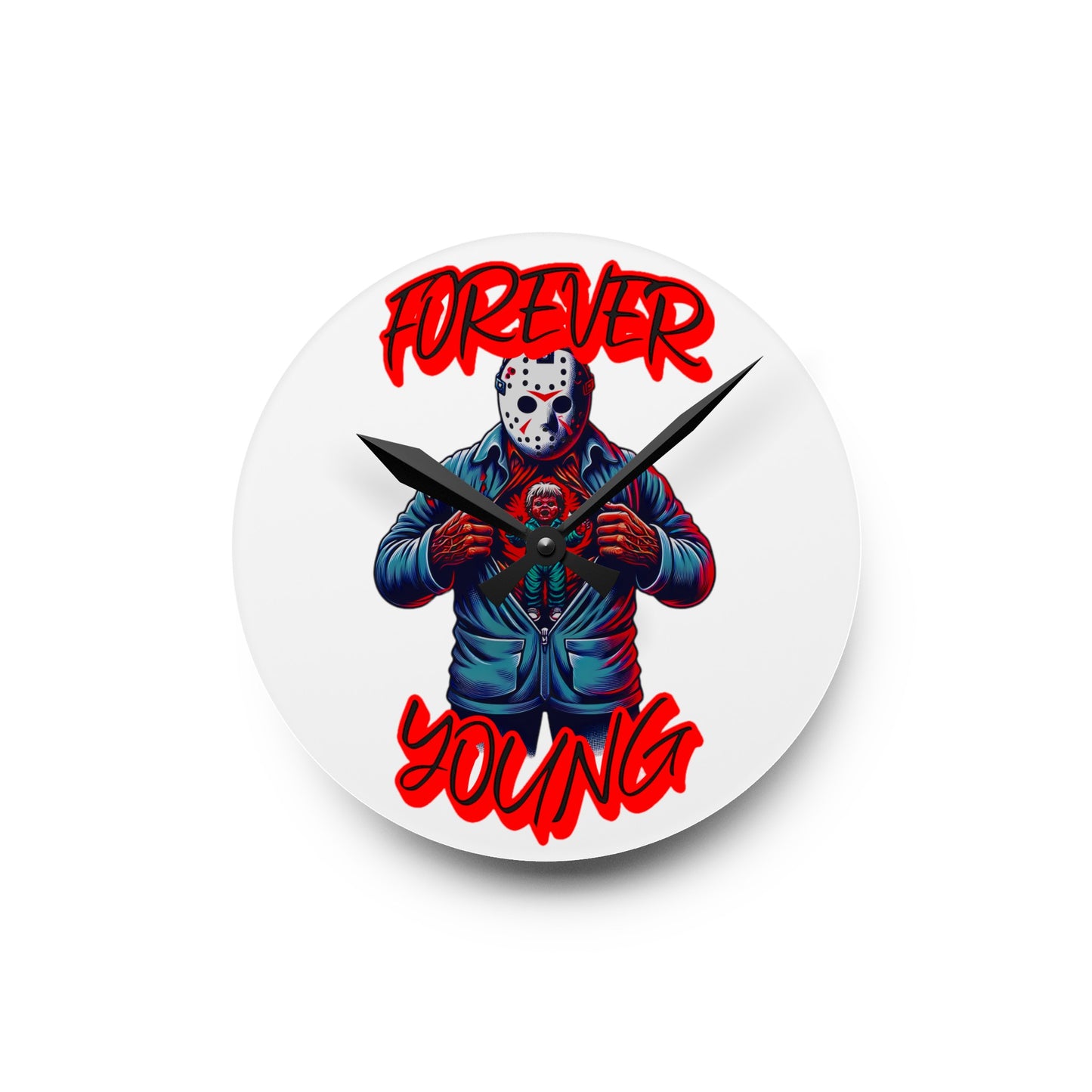 Horrorvational Forever Young Friday Jason Opening His Top to His Young Self Voorhees 13th Horror Fun Acrylic Wall Hanging Clock