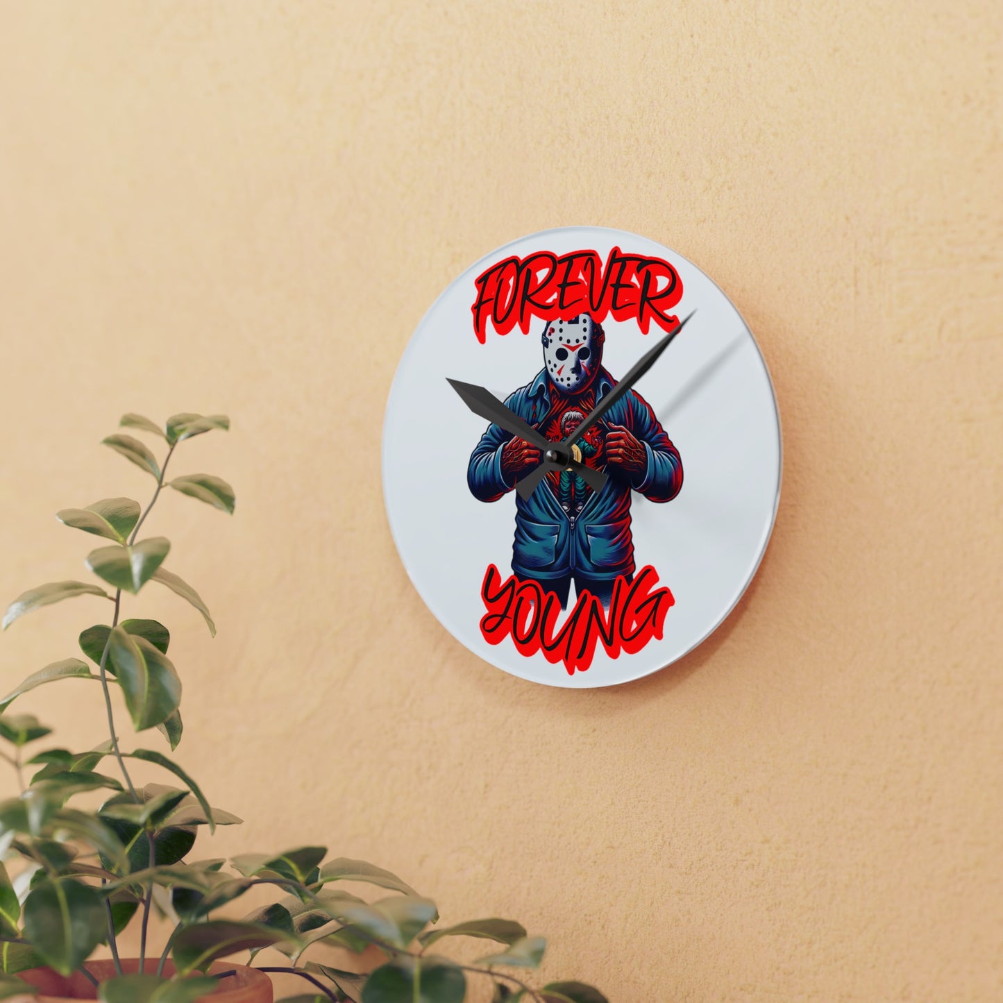 Horrorvational Forever Young Friday Jason Opening His Top to His Young Self Voorhees 13th Horror Fun Acrylic Wall Hanging Clock