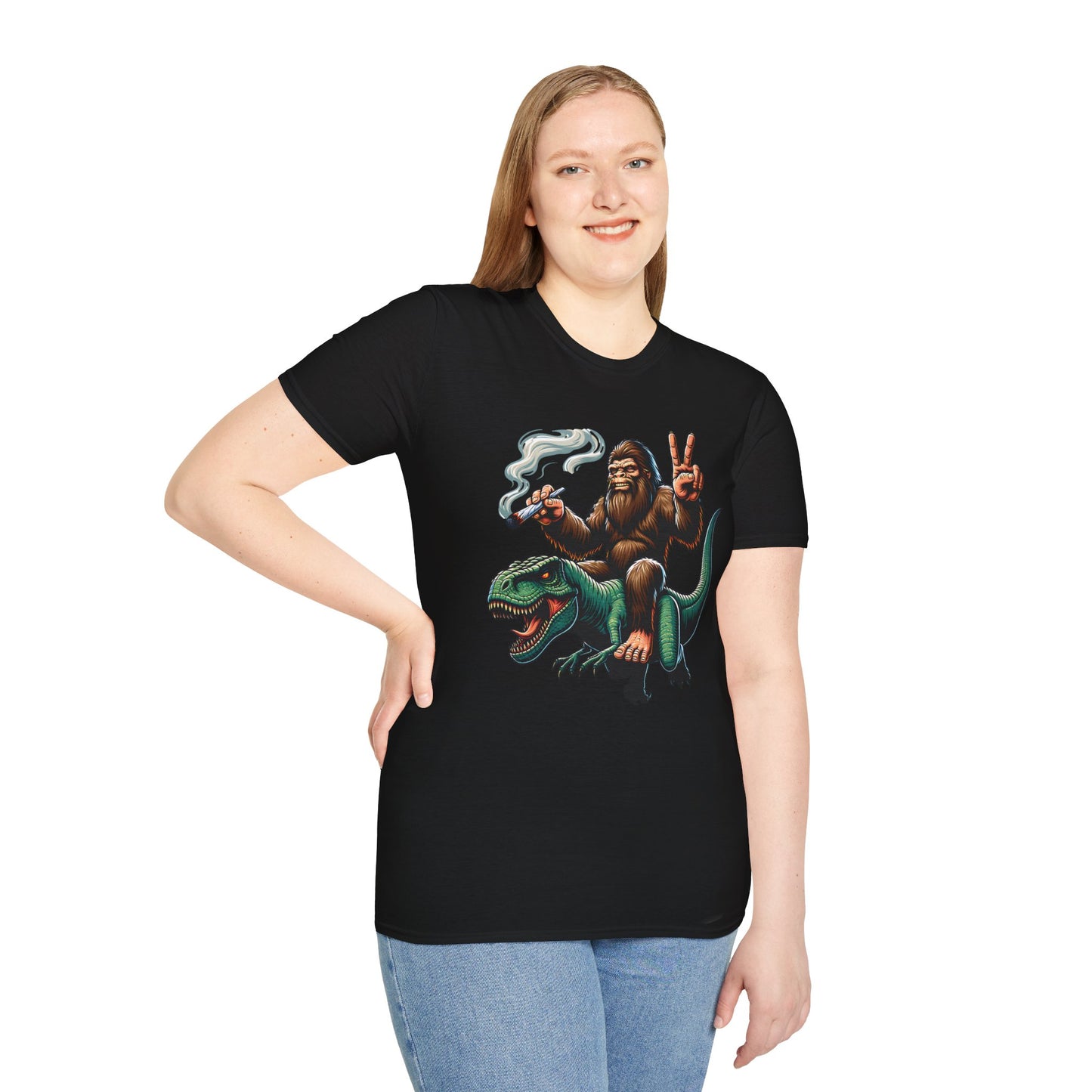 T-Shirt Bigfoot Riding T-Rex 420 Fun Cryptid Tee