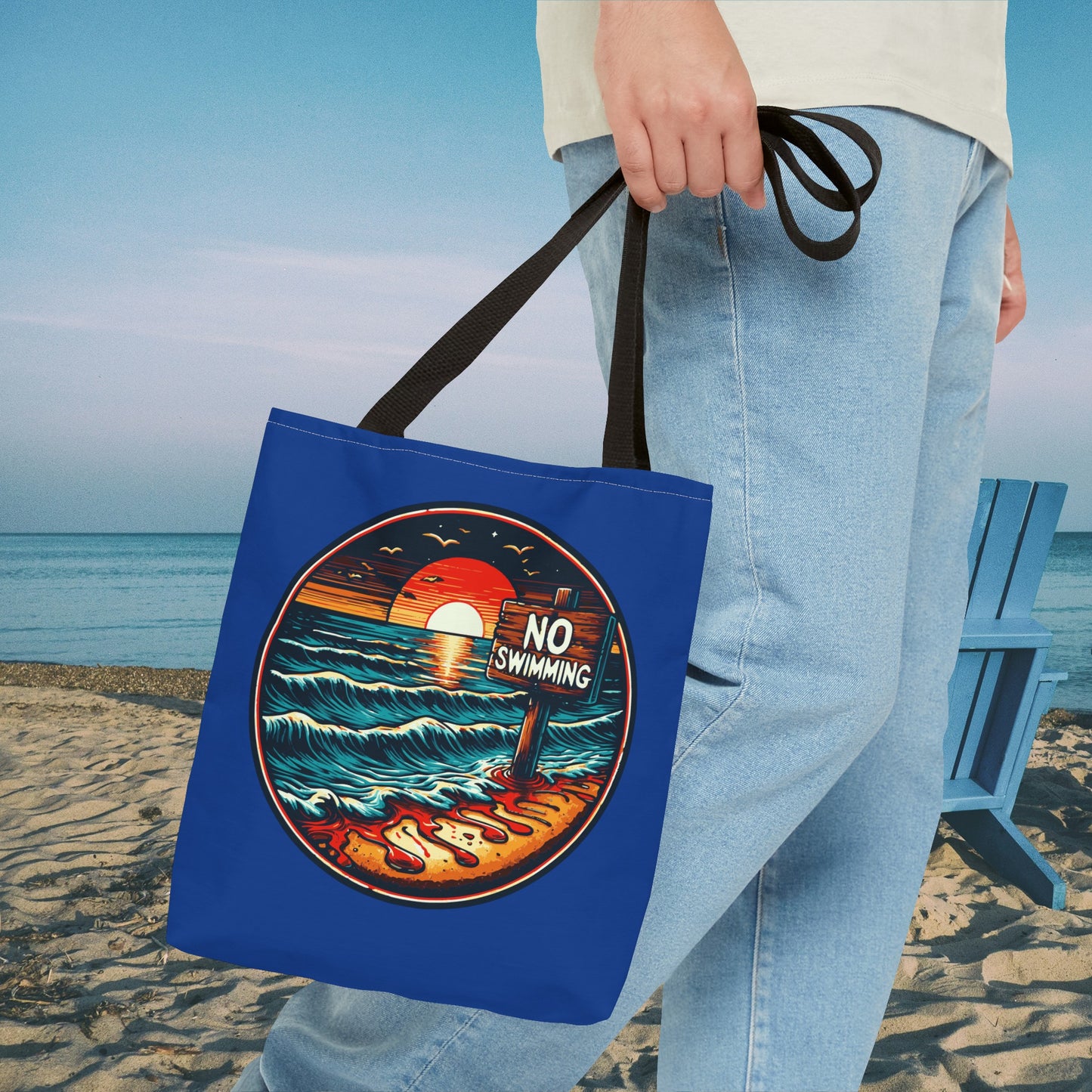 No Swimming Bloody Beach Tote Bag (AOP) Horror Fun Travel Swimming Vacation