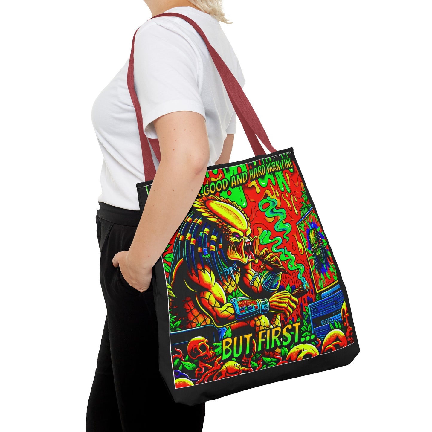 Horradelic Hard Work Good Hard Work Fine Predator Blunt Smoking Horror Fun Travel Carry Tote Bag (AOP)