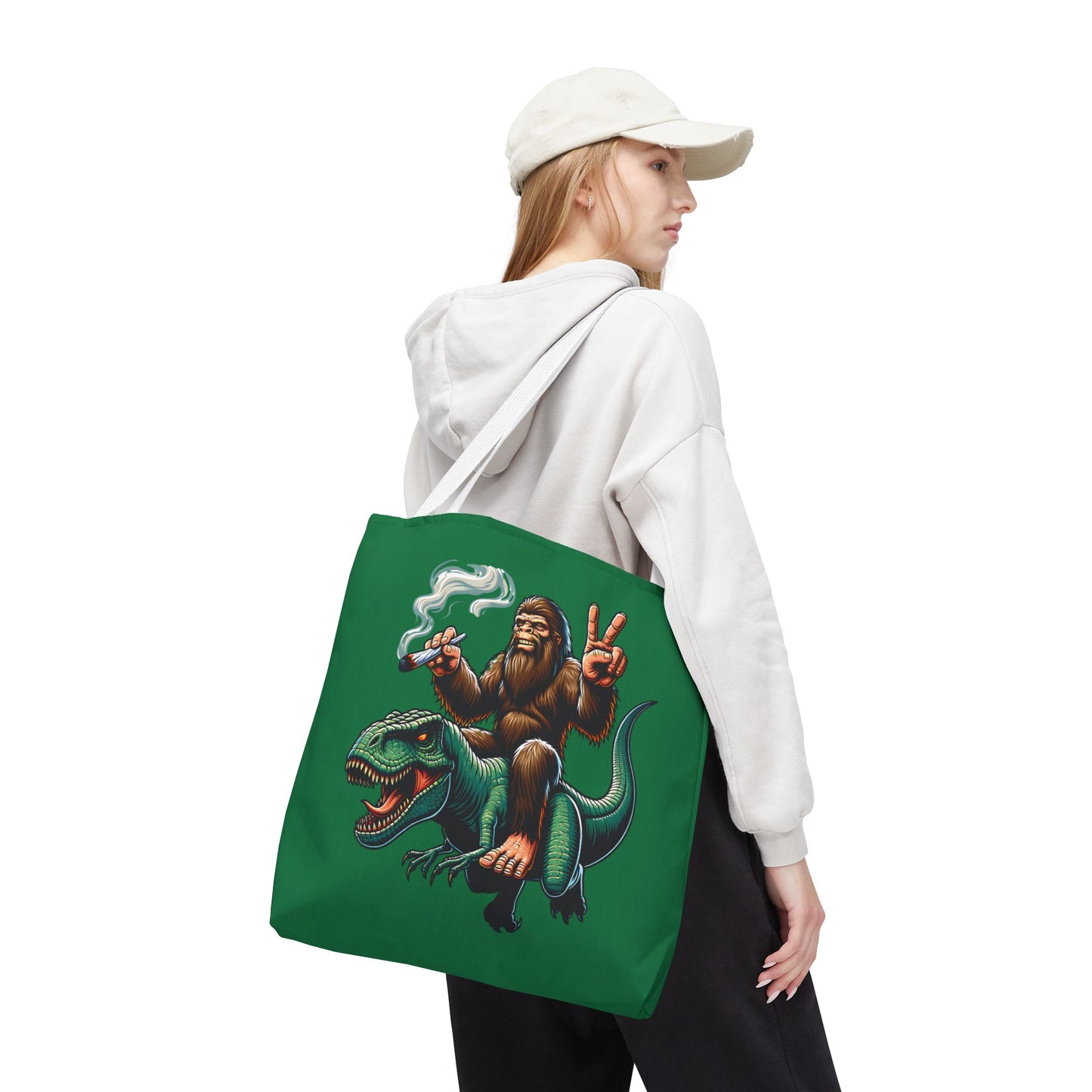 Tote Bag - Bigfoot Riding a T Rex Peace Sign 420 Design