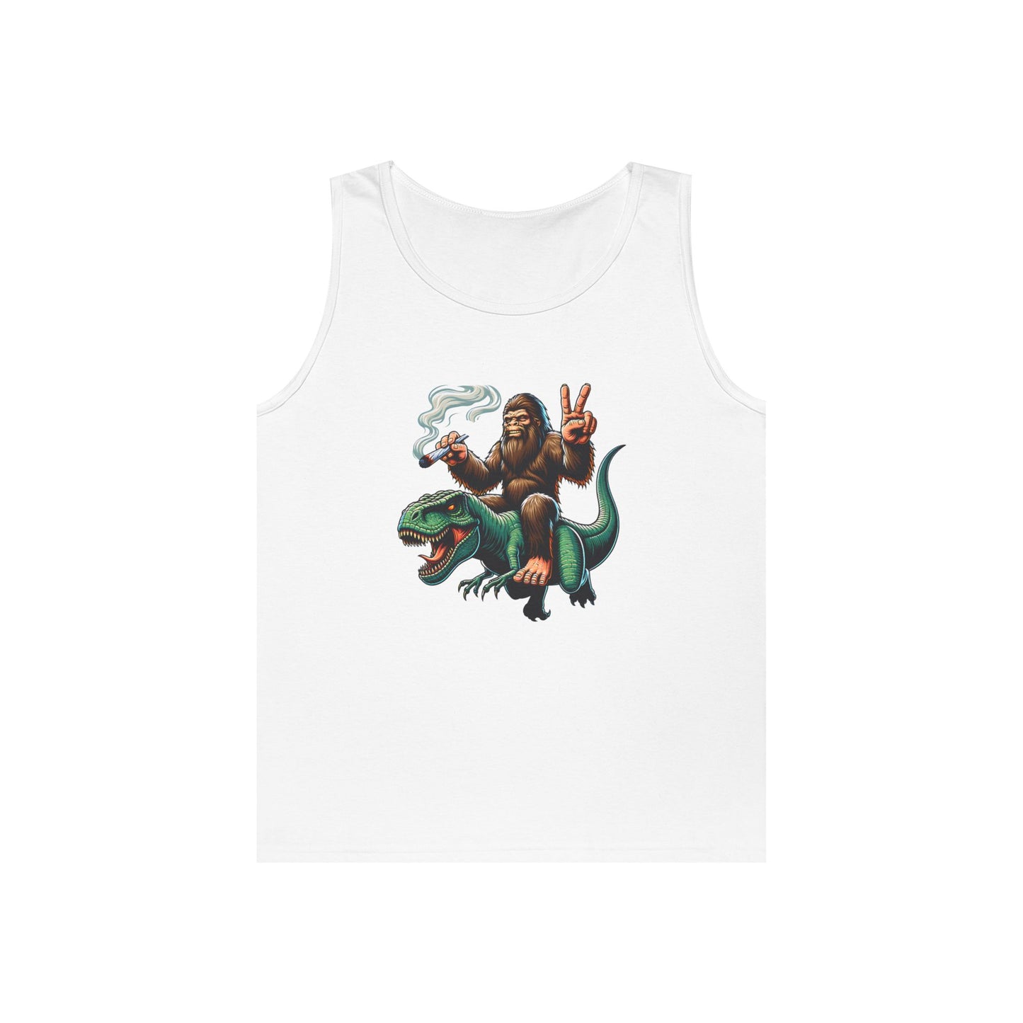 Bigfoot Riding T Rex Tank Top - 420 Peace Sign Design