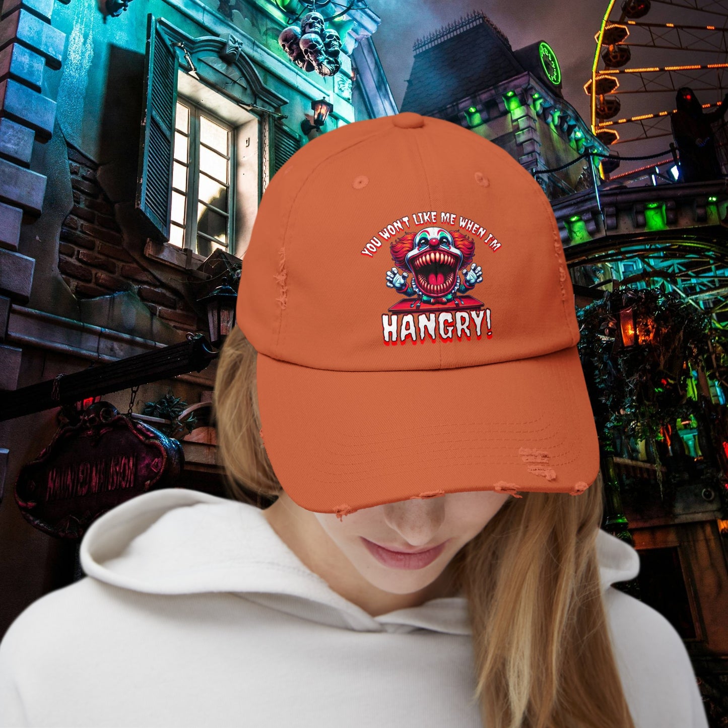 You Wont Like Me When I'm Hangry Killer Clown Unisex Distressed Cap Horror Hat