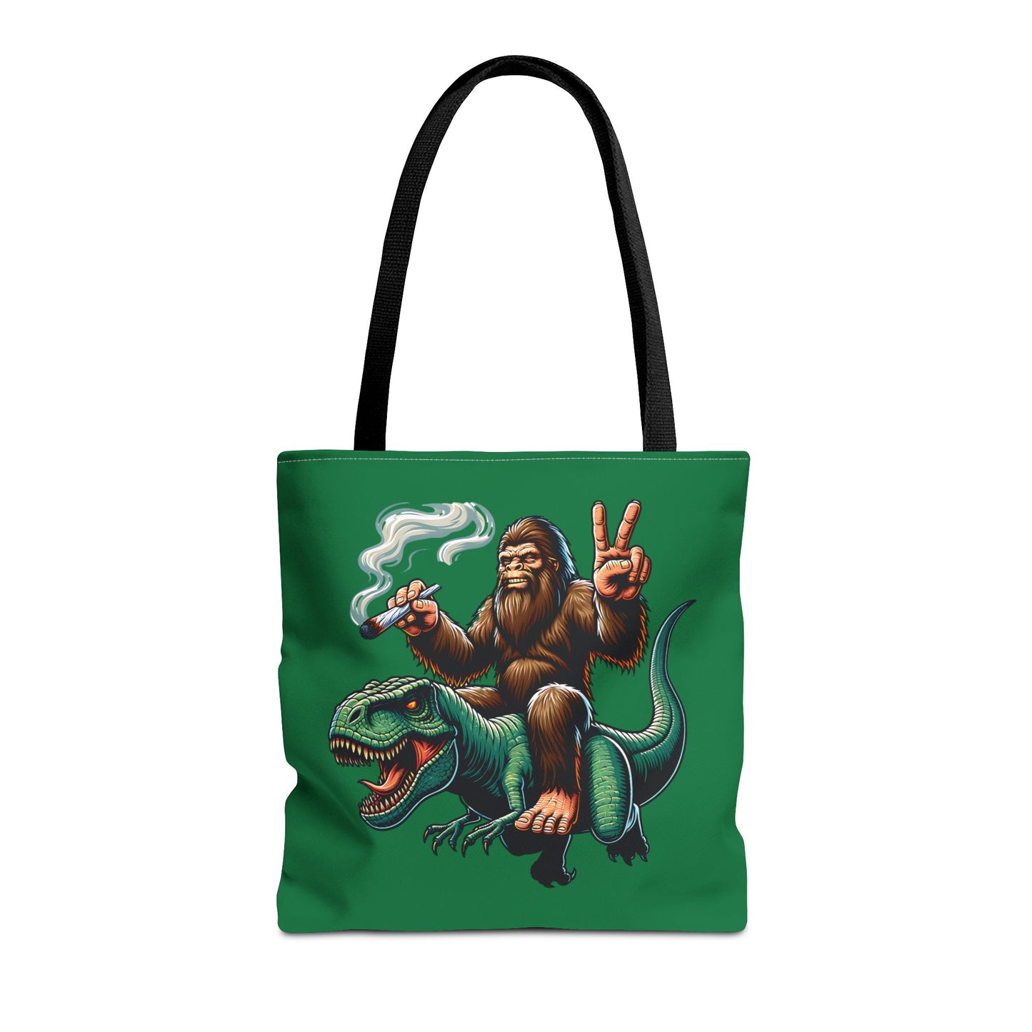 Tote Bag - Bigfoot Riding a T Rex Peace Sign 420 Design