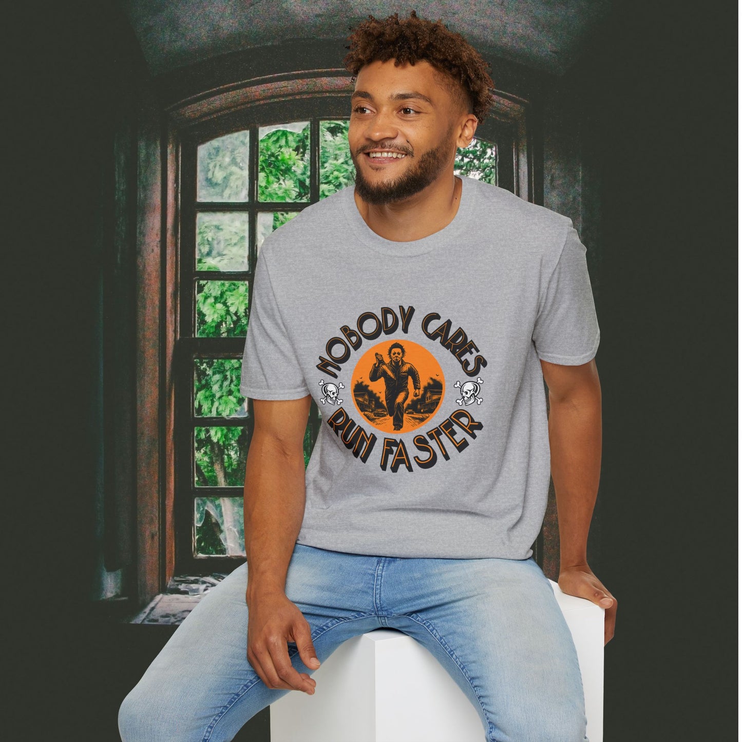 Nobody Cares Run Faster - Michael Running Myers on Halloween Horror Fun with Skulls Shirt - Unisex Softstyle T-Shirt