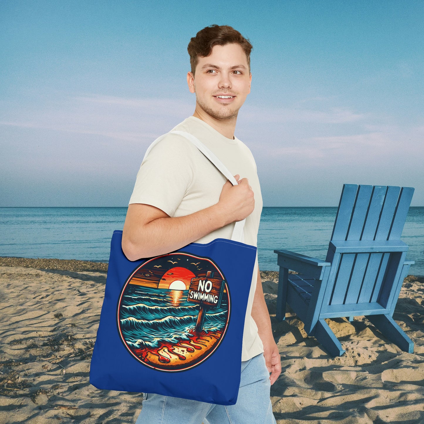 No Swimming Bloody Beach Tote Bag (AOP) Horror Fun Travel Swimming Vacation