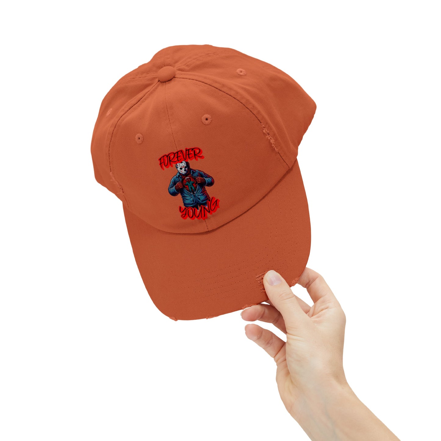 Forever Young Jason With The Mask On Voorhees Friday Horror Fun Unisex Distressed Cap Baseball Hat