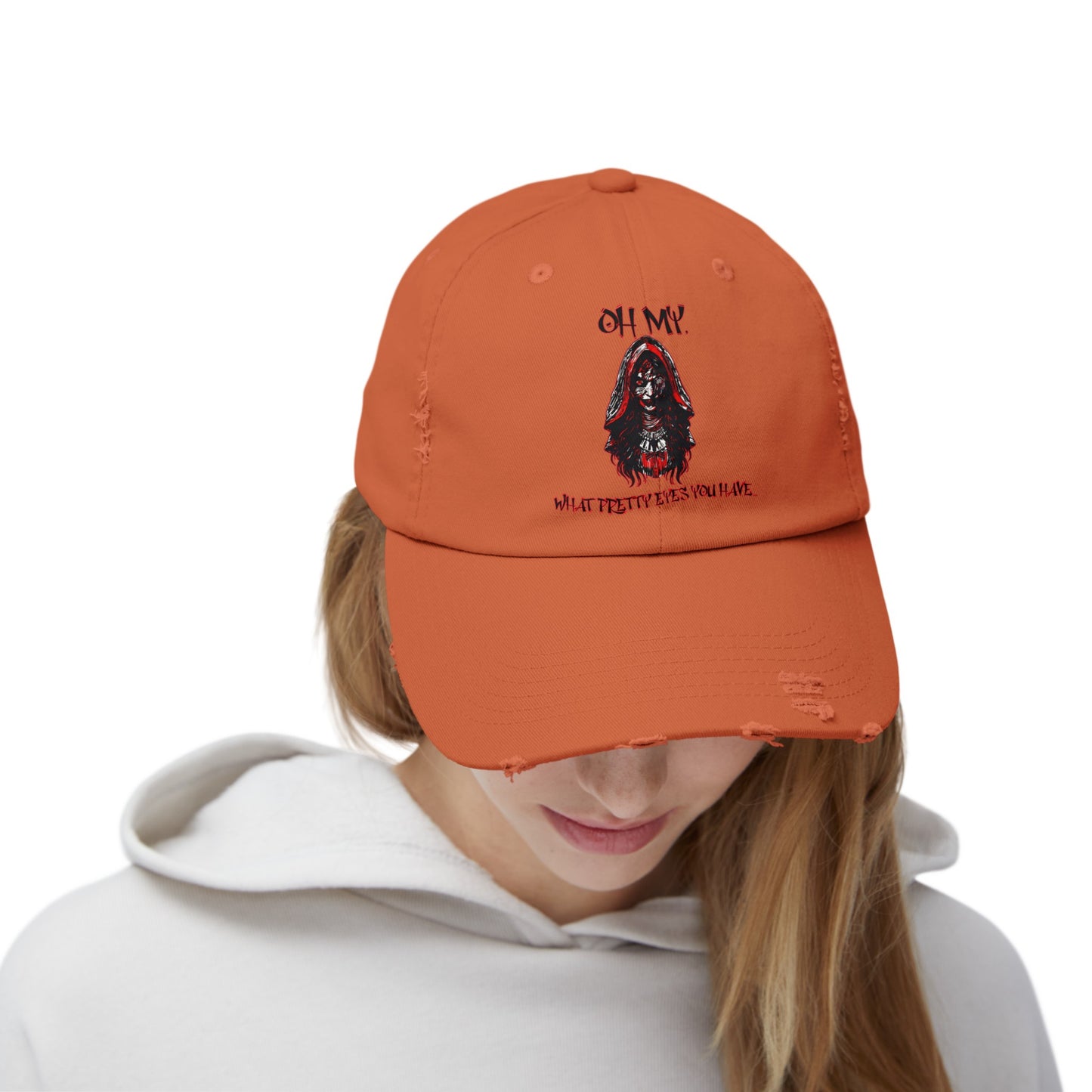 Creepy Little Red Riding Hood Inspired Scary Witch Oh My, What Pretty Eyes You Have Horror Hat Unisex Distressed Cap