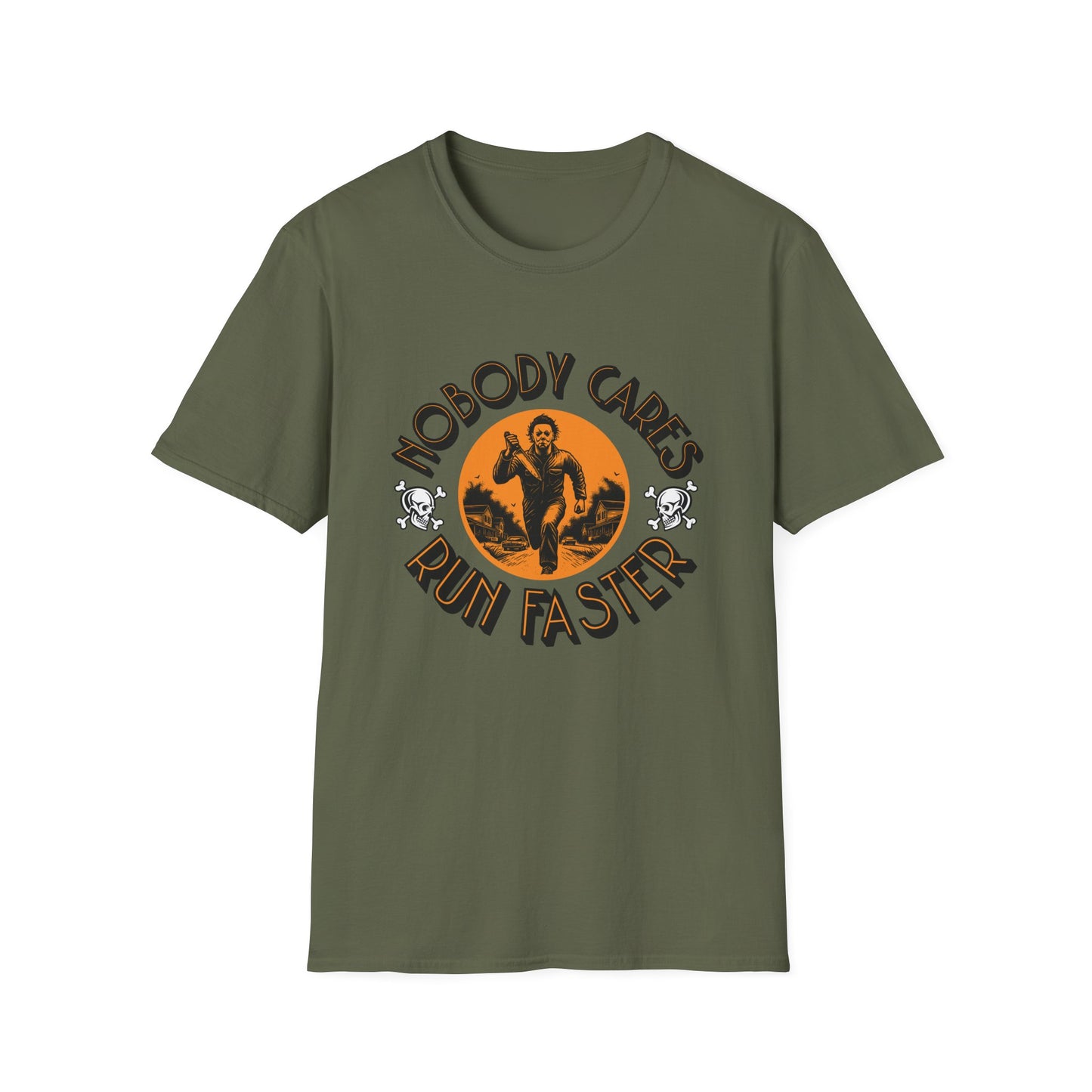 Nobody Cares Run Faster - Michael Running Myers on Halloween Horror Fun with Skulls Shirt - Unisex Softstyle T-Shirt