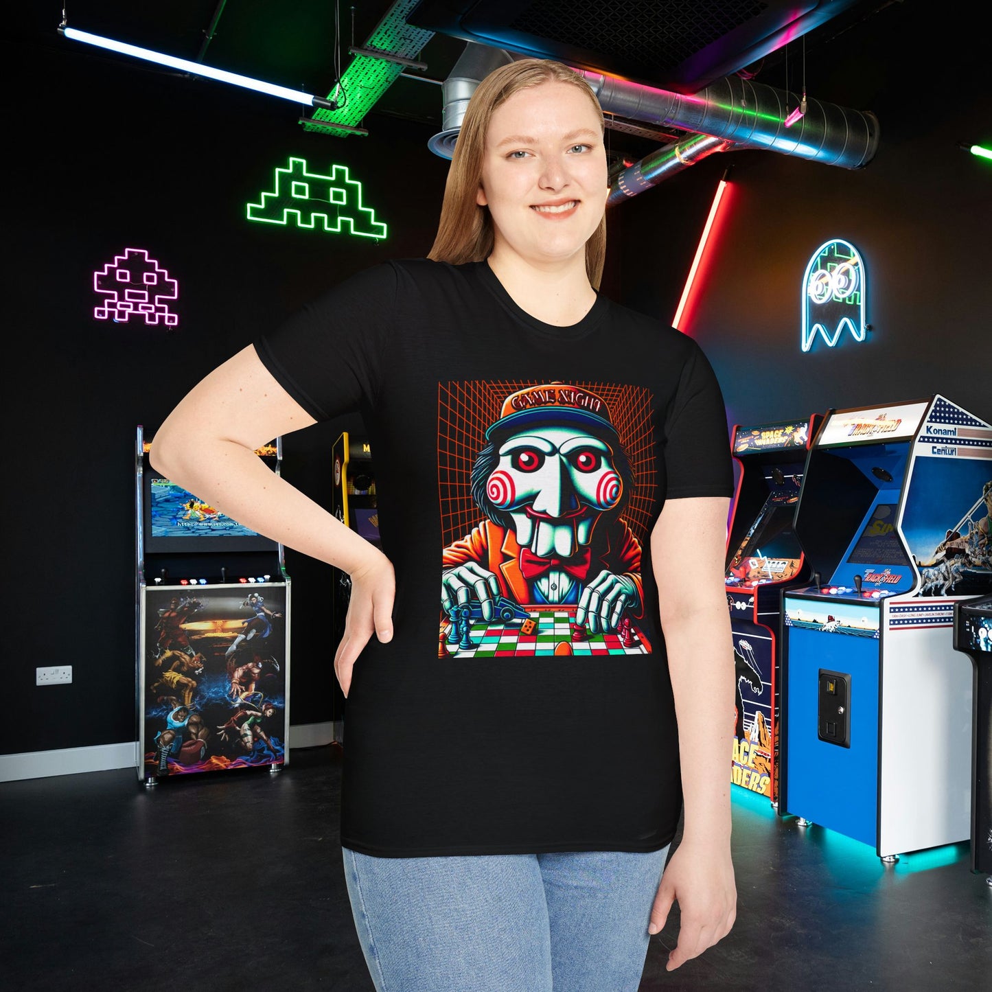 Game Night Billy Wearing A Hat The Puppet Playing a Game Horror Fun Unisex Softstyle T-Shirt Gamer Shirt
