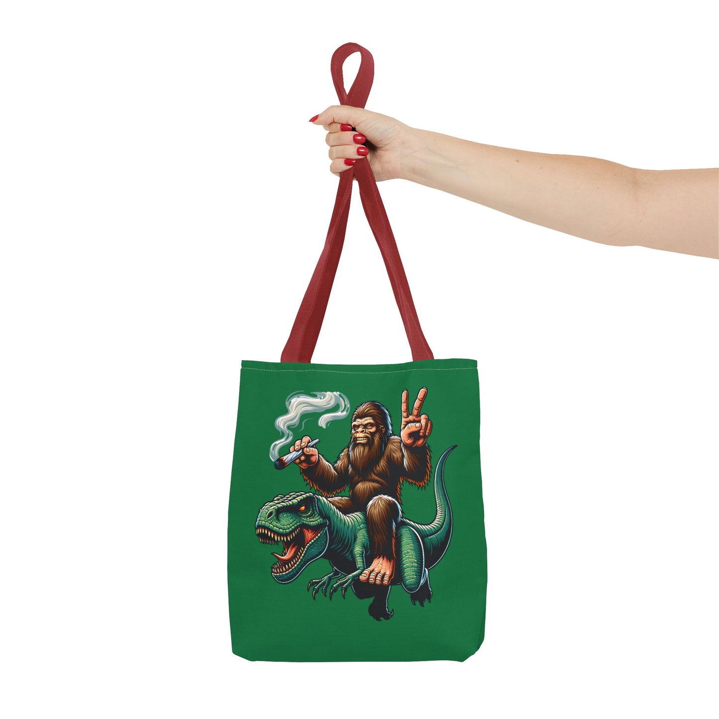 Tote Bag - Bigfoot Riding a T Rex Peace Sign 420 Design