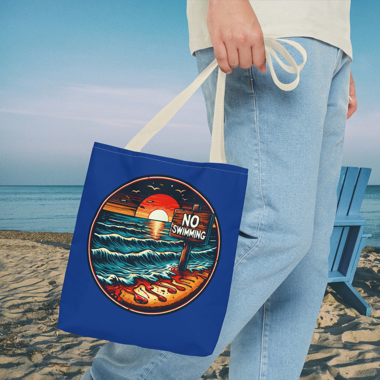No Swimming Bloody Beach Tote Bag (AOP) Horror Fun Travel Swimming Vacation
