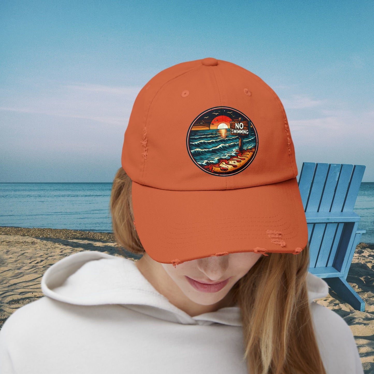 No Swimming Bloody Beach Unisex Distressed Cap Horror Fun Hat Dark Humor