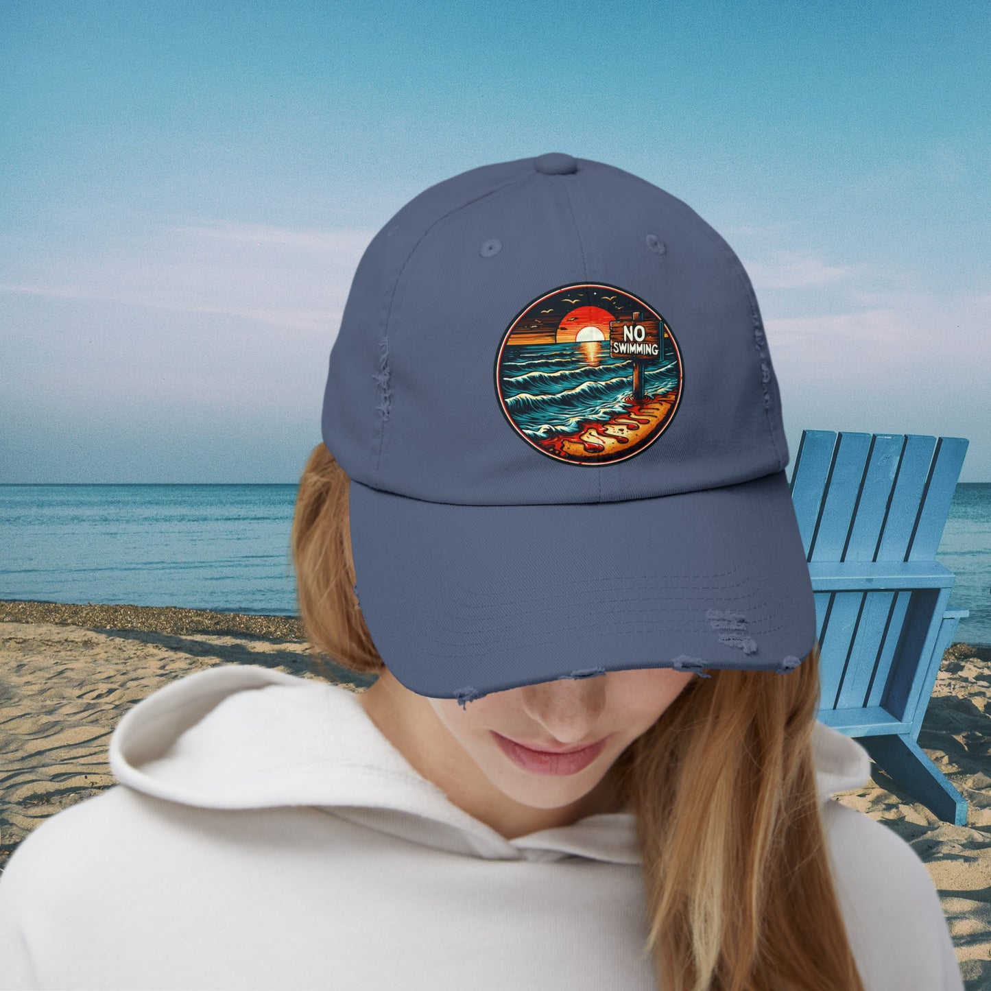 No Swimming Bloody Beach Unisex Distressed Cap Horror Fun Hat Dark Humor