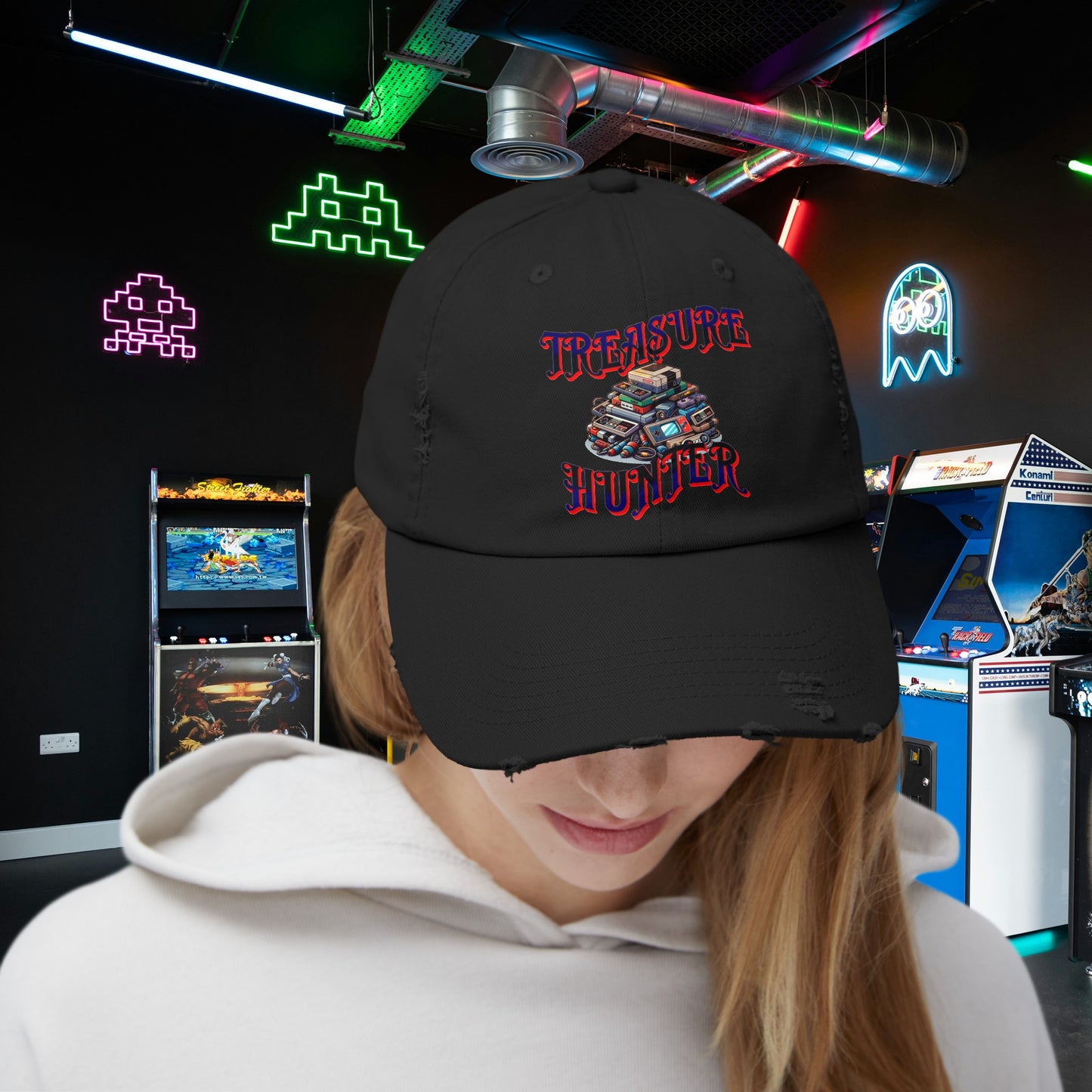 Treasure Hunter Retro Gamer Unisex Distressed Cap Vintage Video Game Collector Hat