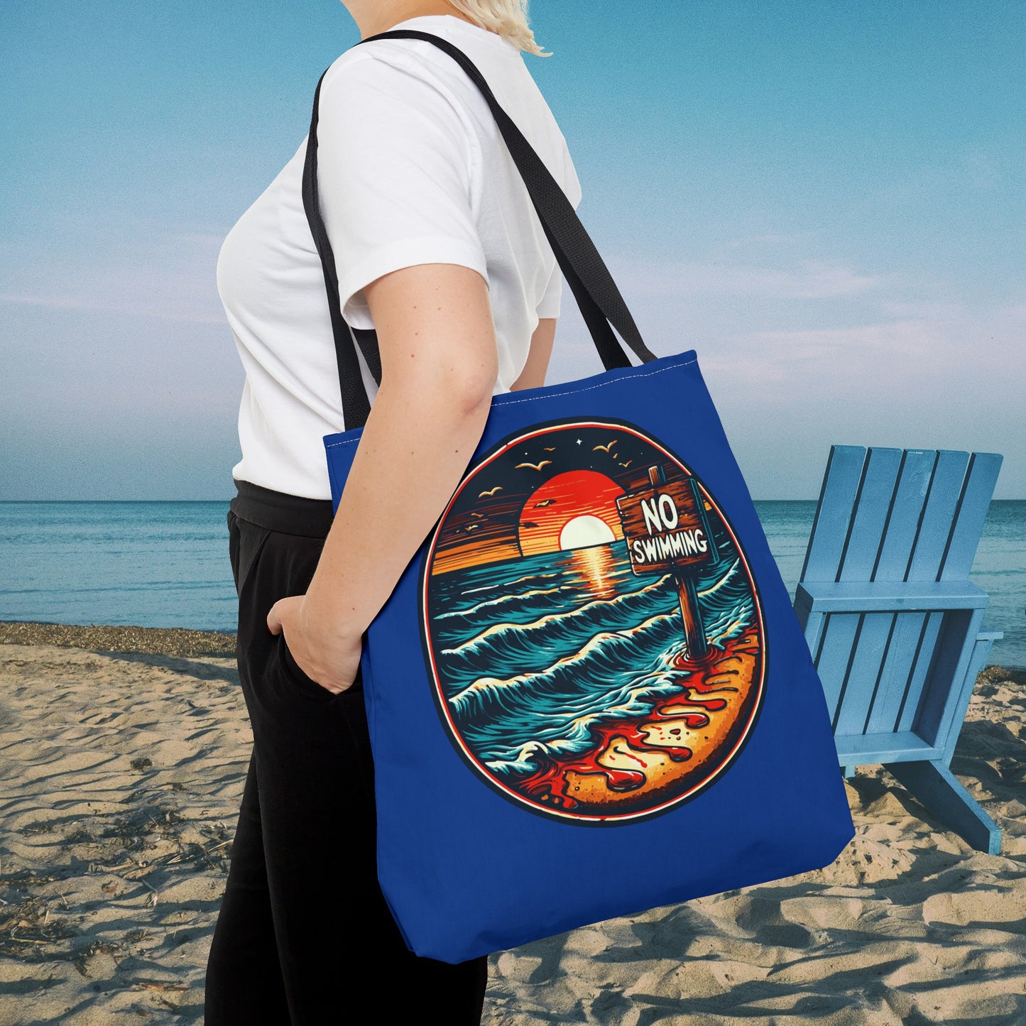No Swimming Bloody Beach Tote Bag (AOP) Horror Fun Travel Swimming Vacation