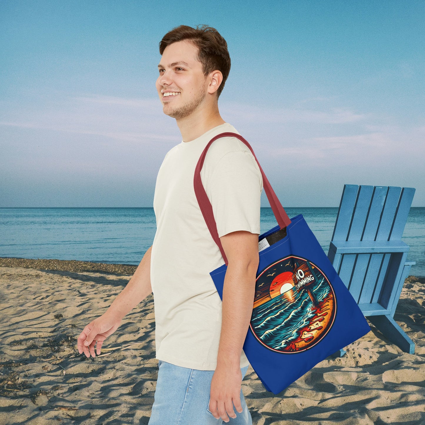 No Swimming Bloody Beach Tote Bag (AOP) Horror Fun Travel Swimming Vacation