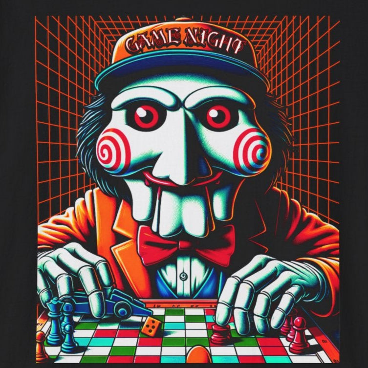 Game Night Billy Wearing A Hat The Puppet Playing a Game Horror Fun Unisex Softstyle T-Shirt Gamer Shirt