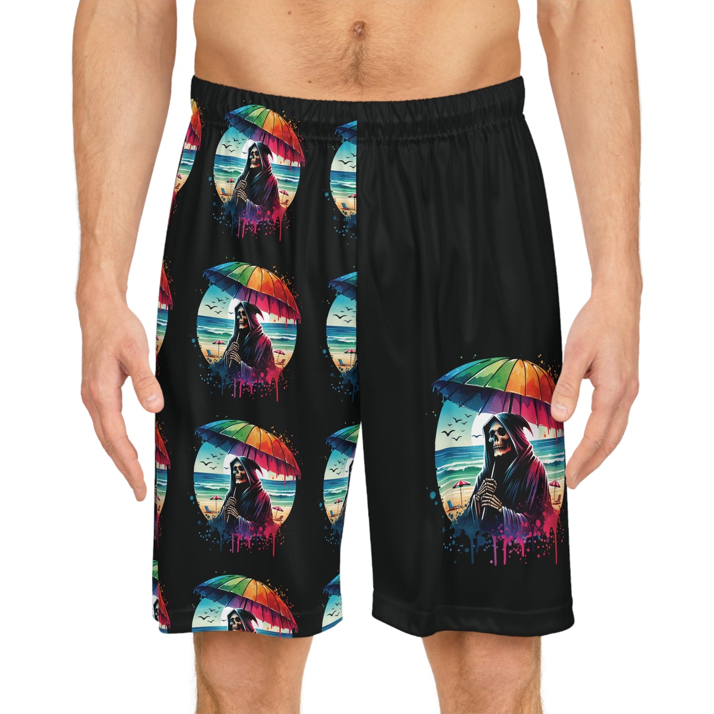Summerween Grim Reaper Beach Day Basketball Shorts (AOP)