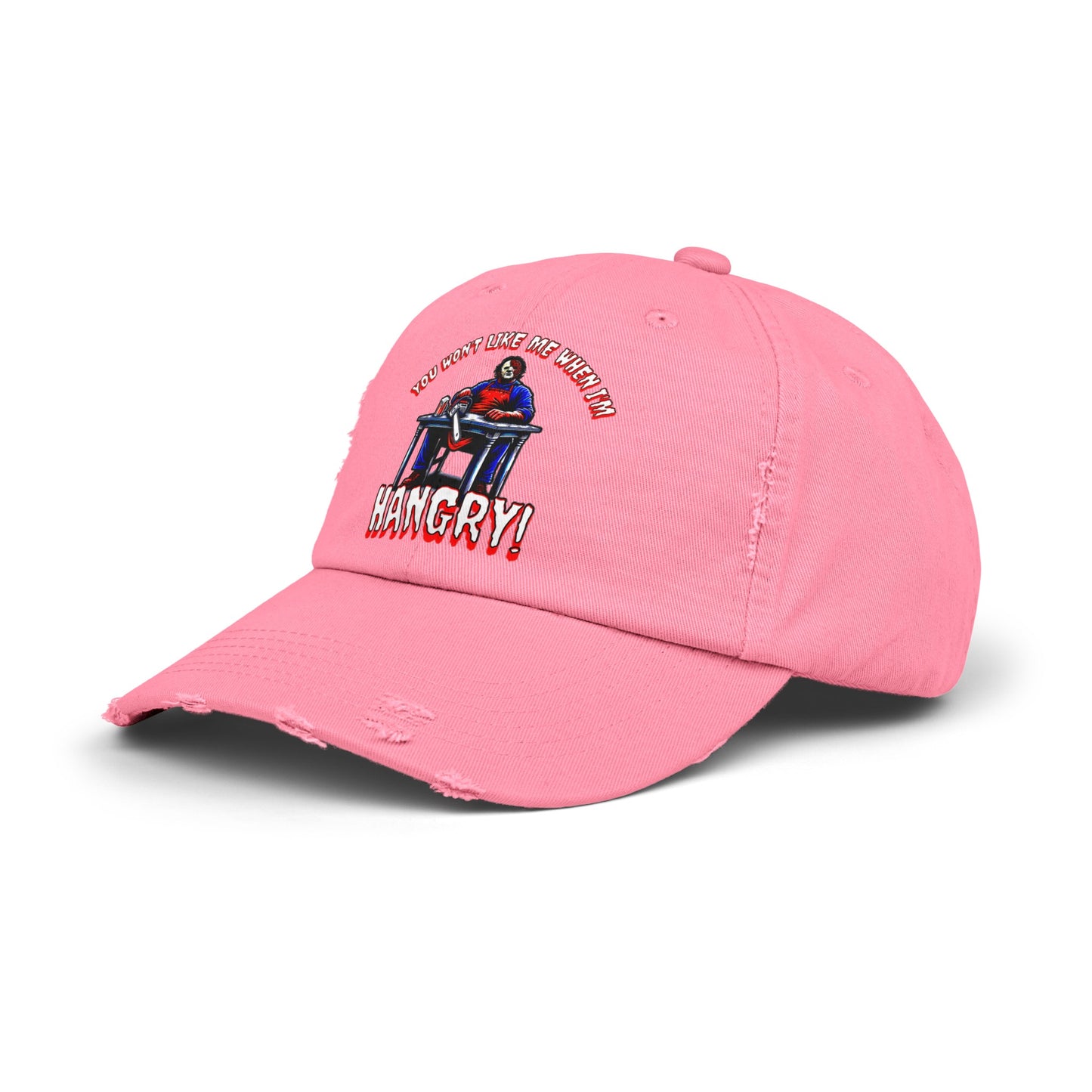 You Won't Like Me When I'm Hangry Leather Chainsaw Guy Cannibal Horror Fun Hat Unisex Distressed Cap