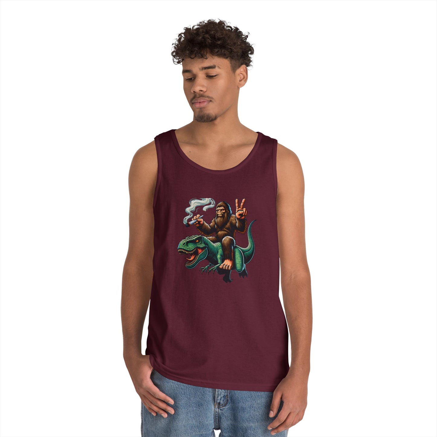 Bigfoot Riding T Rex Tank Top - 420 Peace Sign Design