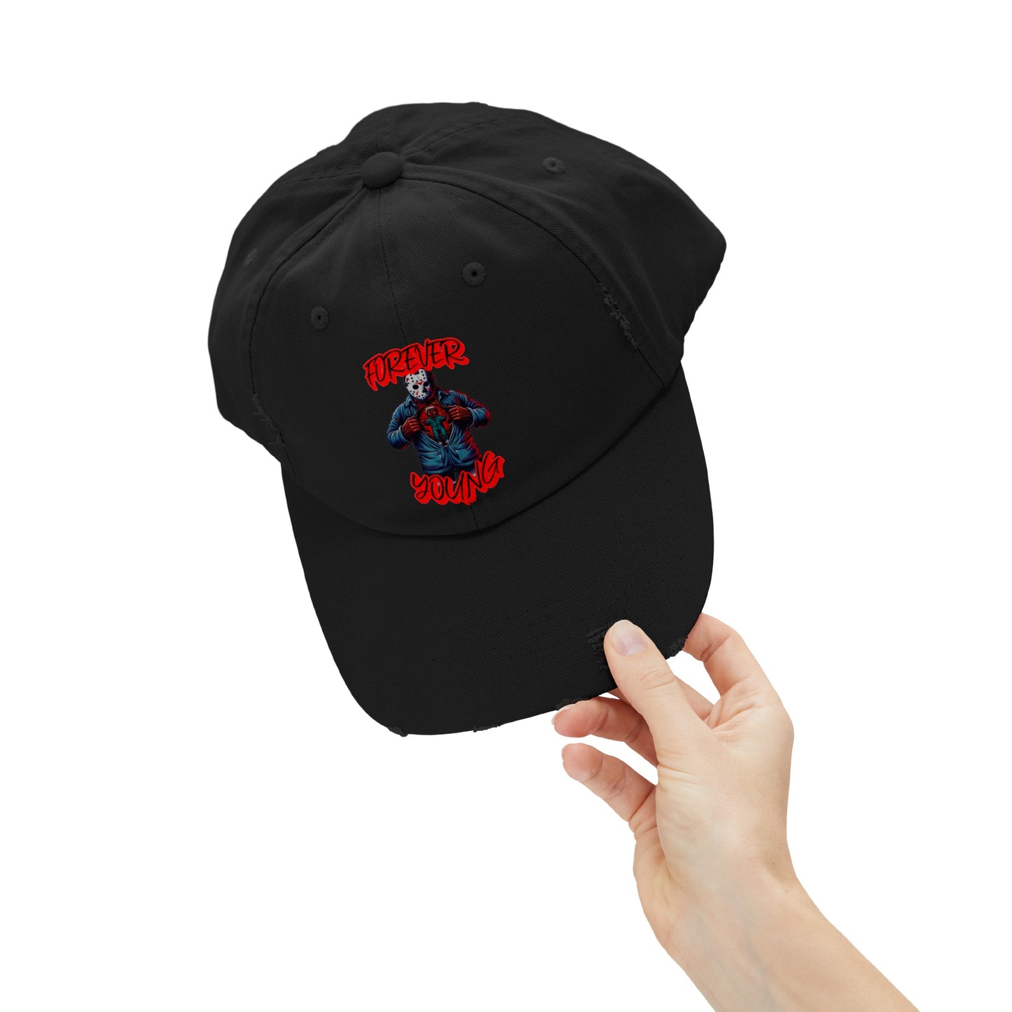 Forever Young Jason With The Mask On Voorhees Friday Horror Fun Unisex Distressed Cap Baseball Hat