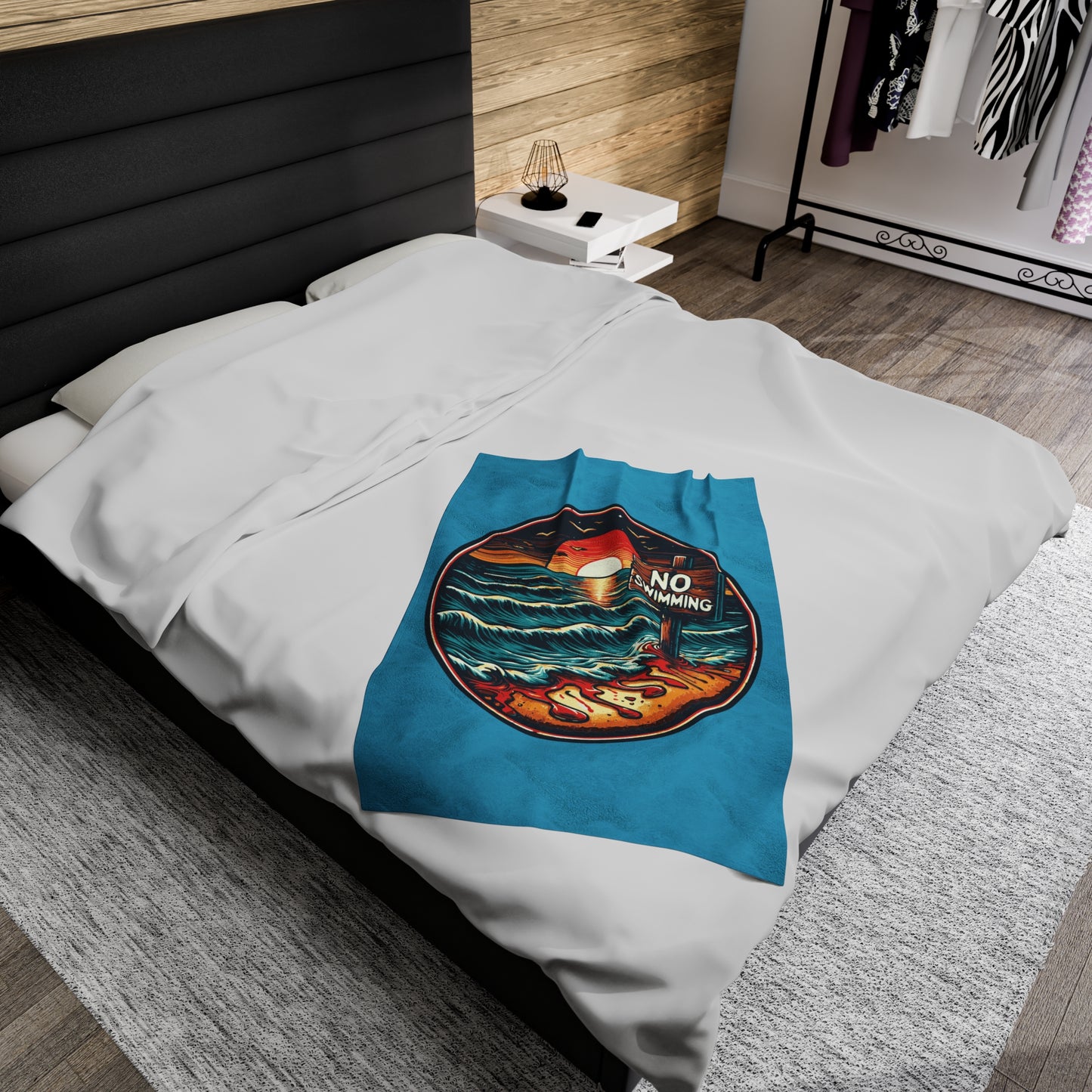 No Swimming Bloody Beach Horror Fun Velveteen Plush Throw Blanket Scary Ocean Shark Jaws